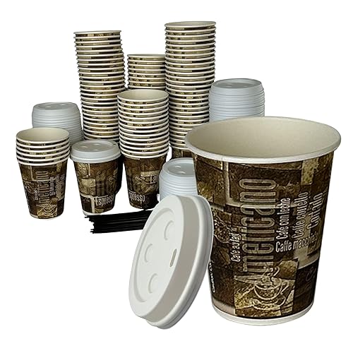 Disposable Cups Bundle by Rsr To-Go. 16 Oz-100ct Paper Coffee Cups with Lids PLUS Stirrers - Eco-Friendly Disposable Cups, Leak-Proof Design for Hot