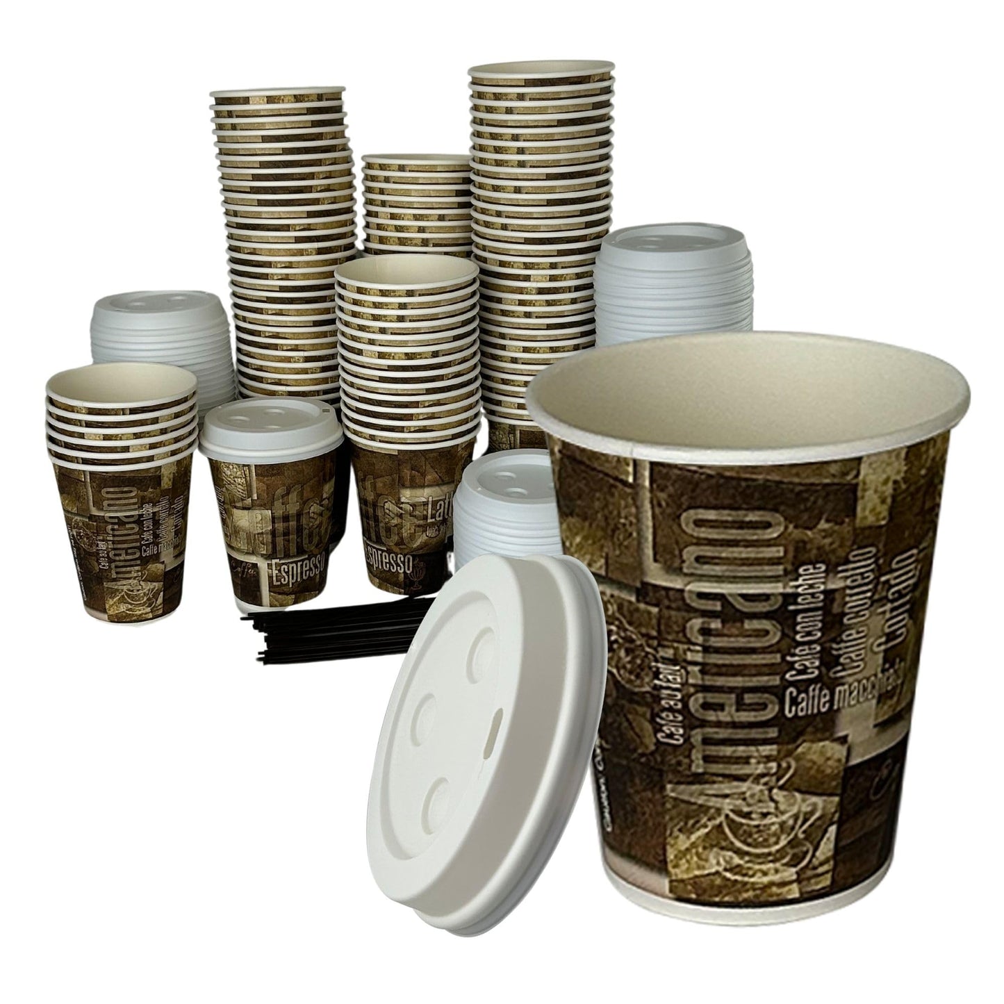 Disposable Cups Bundle by Rsr To-Go. 16 Oz-100ct Paper Coffee Cups with Lids PLUS Stirrers - Eco-Friendly Disposable Cups, Leak-Proof Design for Hot