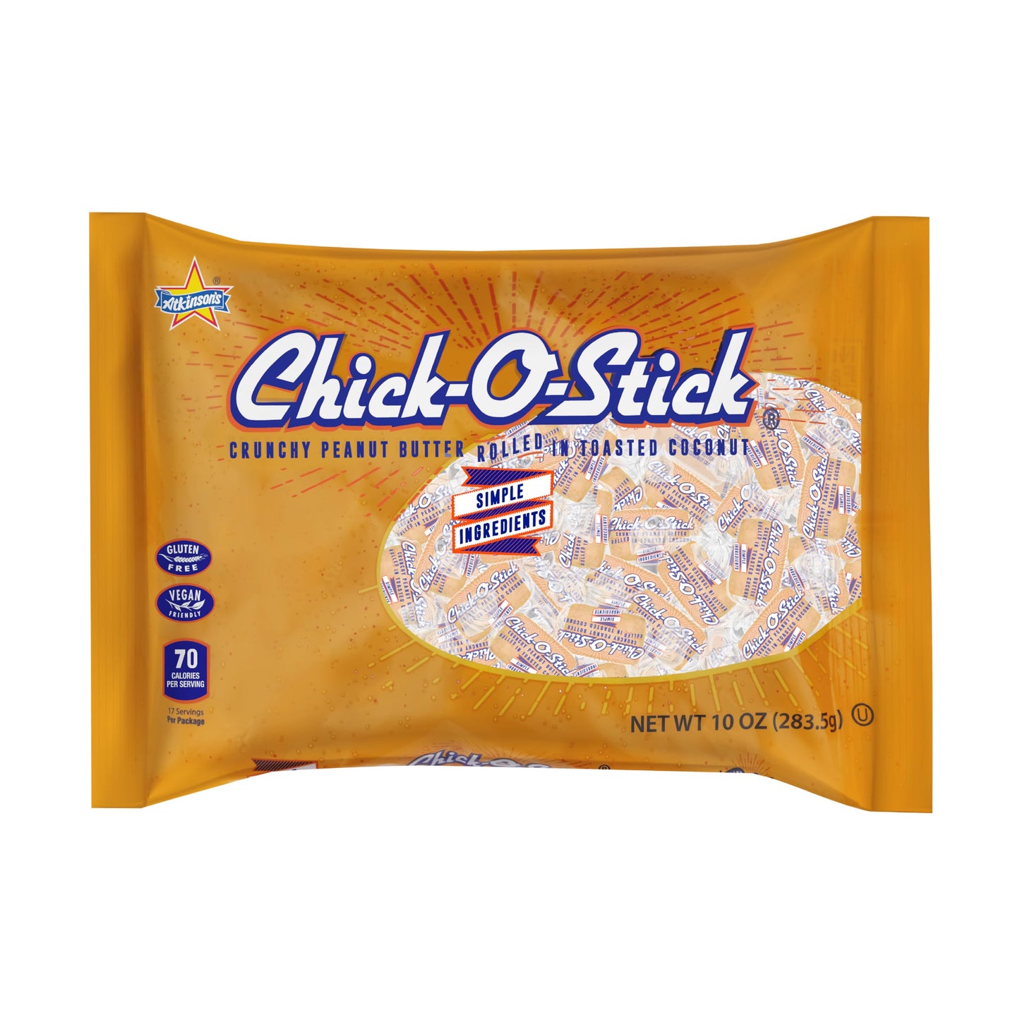 Atkinson's Chick-O-Stick Nuggets Peanut Butter Coconut Candy 10oz Laydown Bag