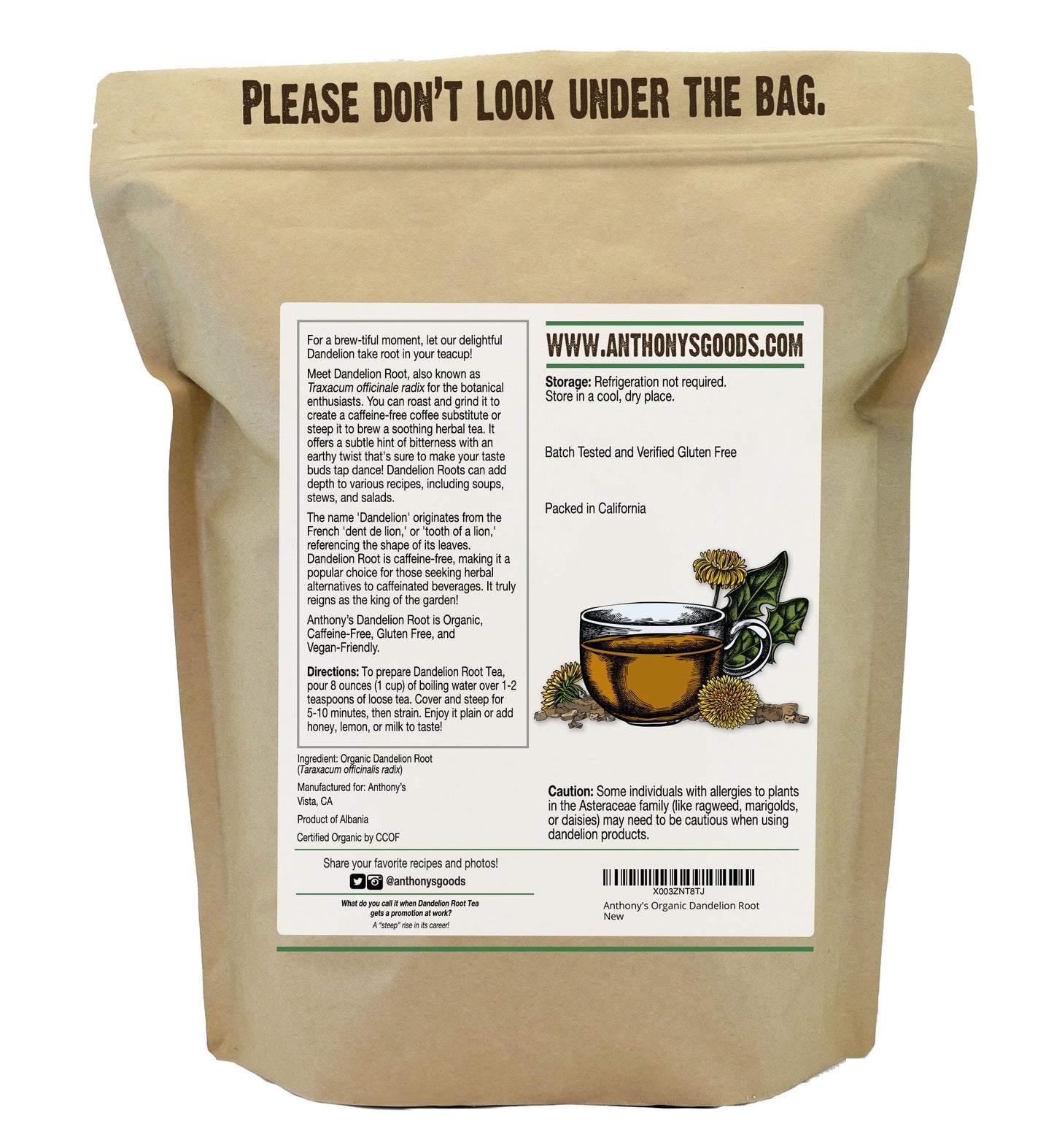 Anthony's Organic Dandelion Root, 1lb, Gluten Free, Non GMO, Cut & Sifted