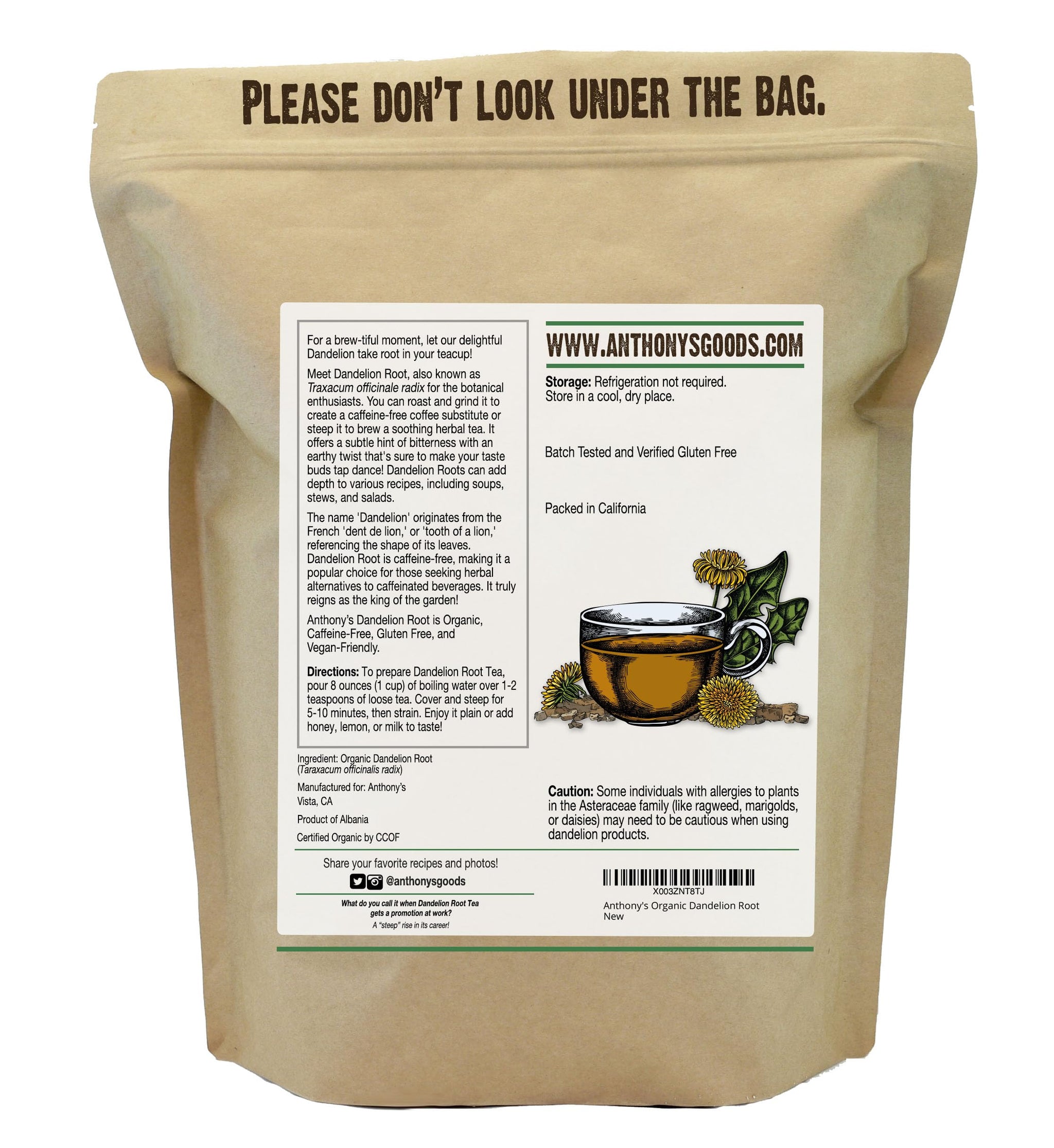 Anthony's Organic Dandelion Root, 1lb, Gluten Free, Non GMO, Cut & Sifted