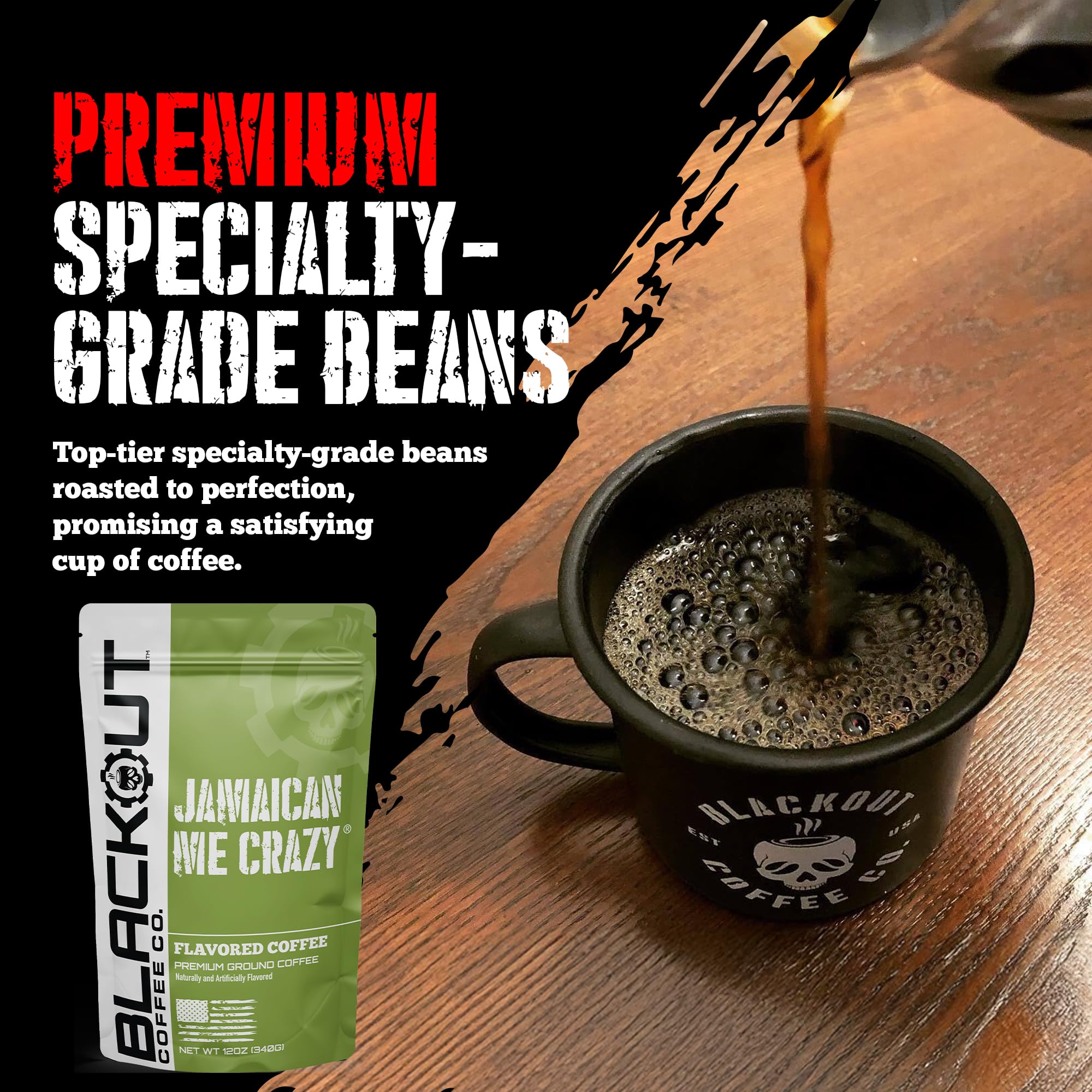 Blackout Coffee Jamaican Me Crazy Flavored Medium Roast - Freshly Roasted in the USA - 12 oz Ground Coffee Pouch
