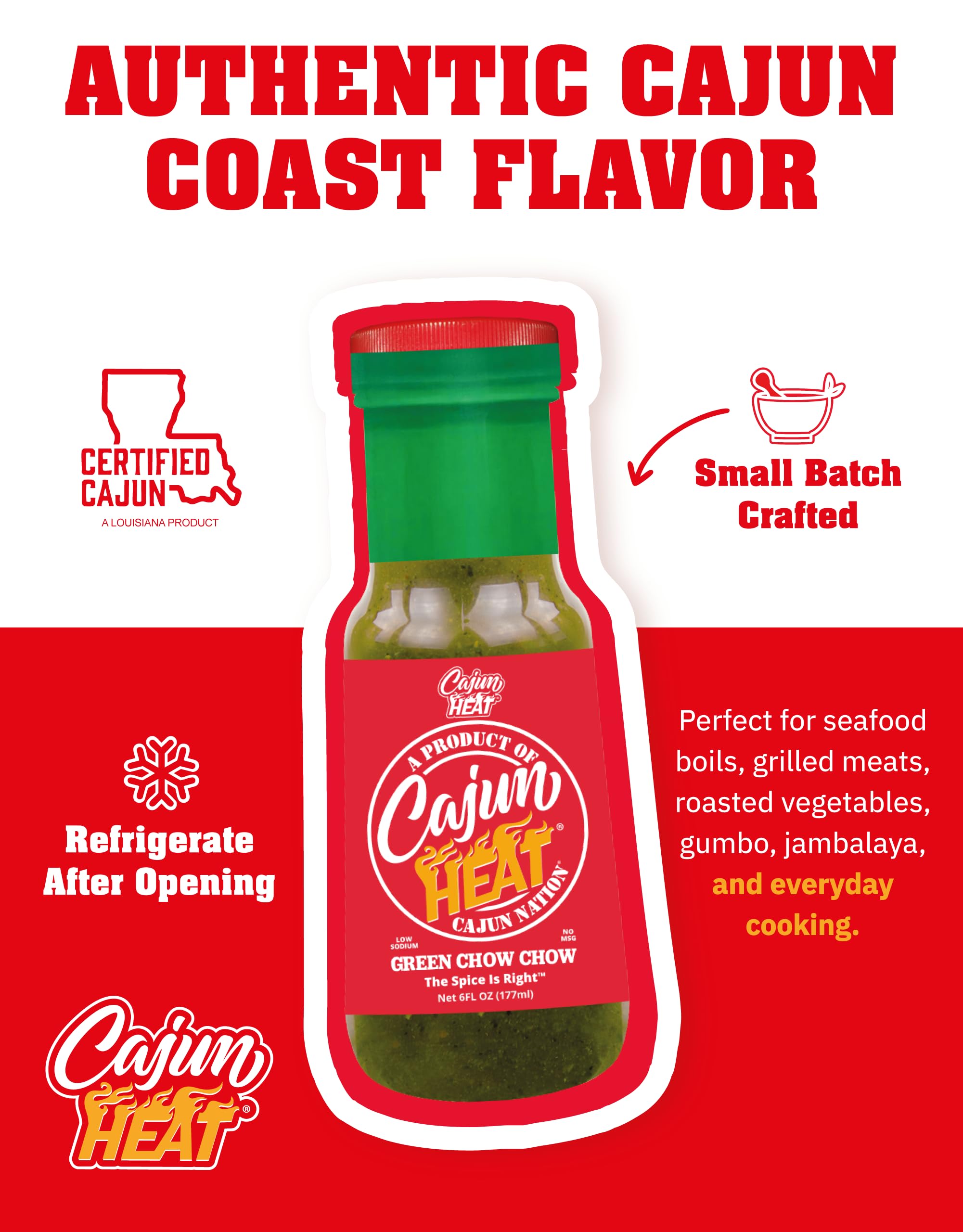 Cajun Nation CAJUN HEAT Green Chow Chow Relish 6oz - Crushed Green Pepper & Onion Spicy Relish, No MSG, Low Sodium- Zesty Tangy Pepper Flavor from