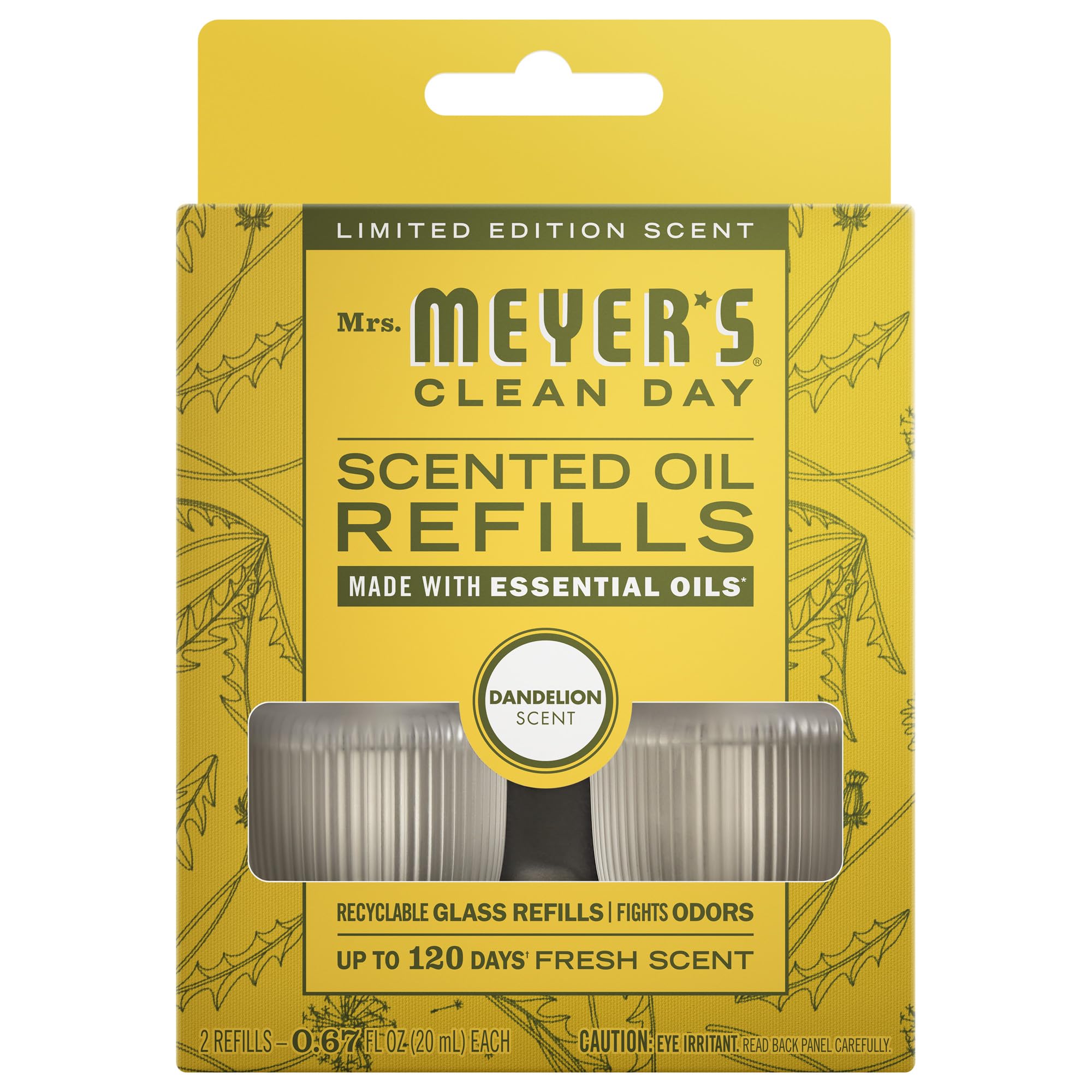 MRS. MEYER'S CLEAN DAY Premium Scented Oil Refills, Dandelion, Contains 2 .67 fl oz Refills