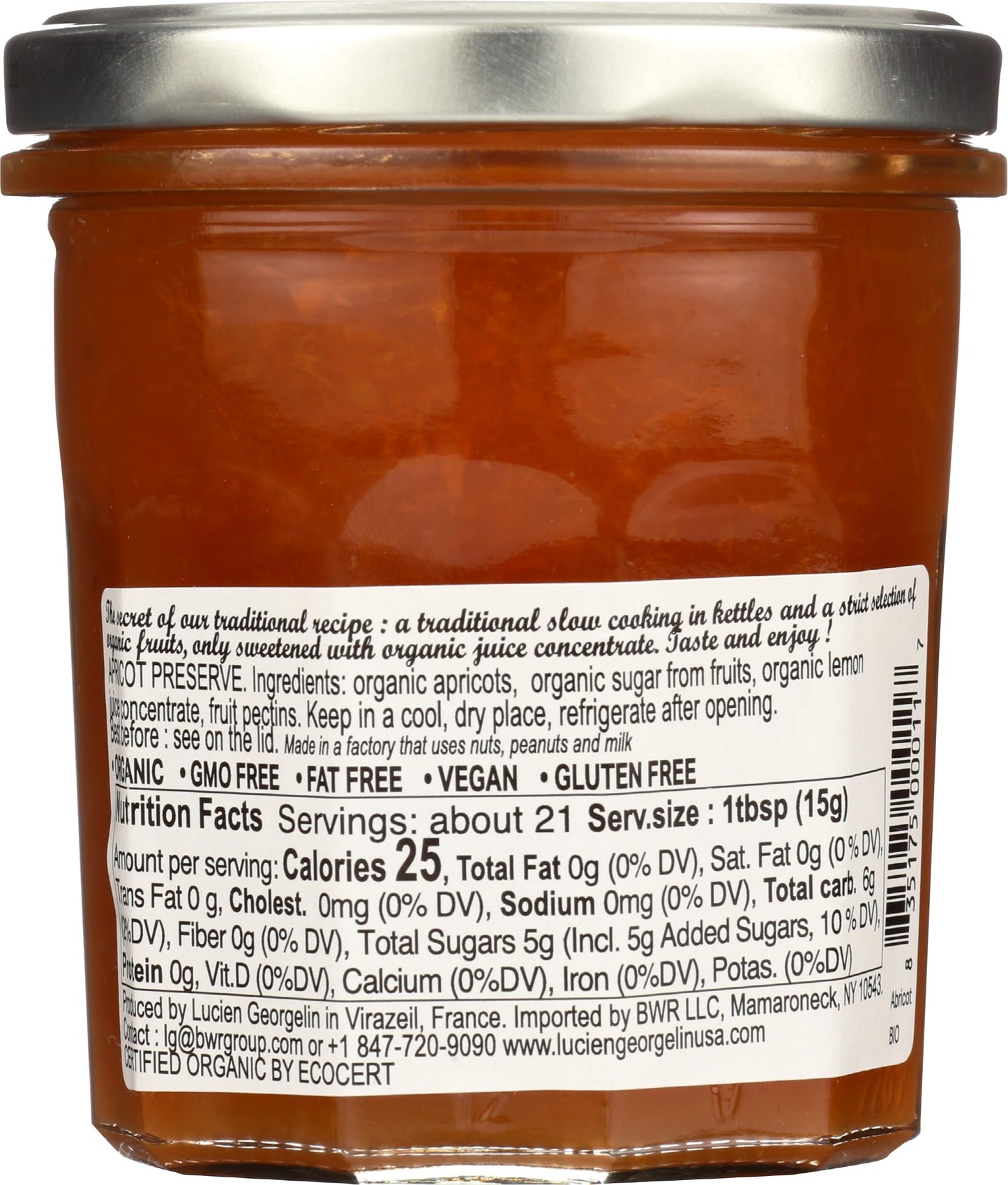 LUCIEN GEORGELIN Organic Apricot Fruit Spread, 11.28 OZ
