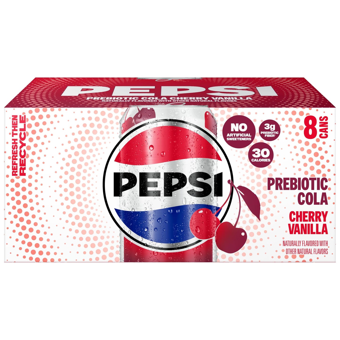 Pepsi Prebiotic Cola, Cherry Vanilla, 12 fl oz Cans (8 Pack), 30 Calories, 5g Prebiotic Fiber, 5g Sugar, Soda Pop Cola