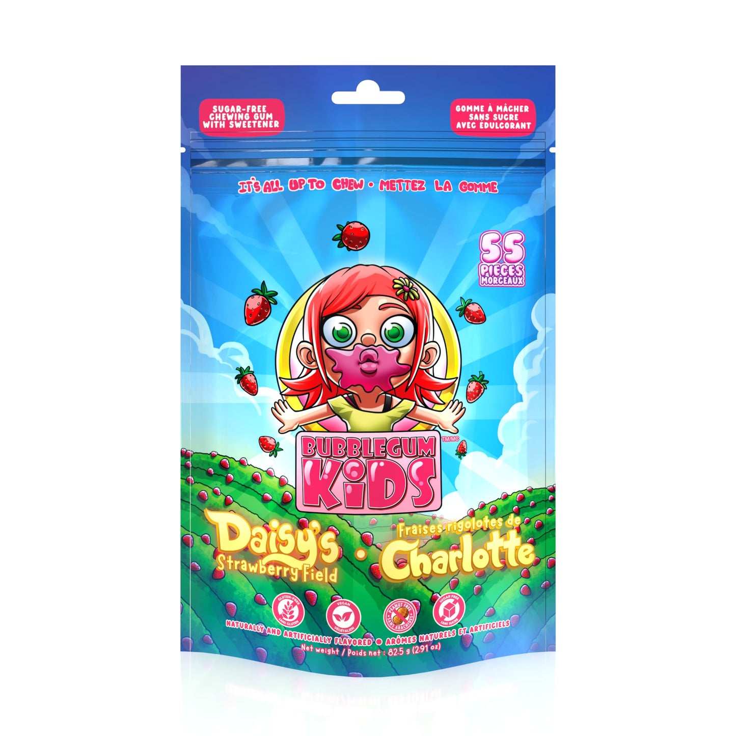 Bubblegum Kids Daisy's Strawberry Field Sugar Free Gum | Strawberry Flavor Sugarless Gum with Xylitol | Low Calorie Candy Alternative for Kids