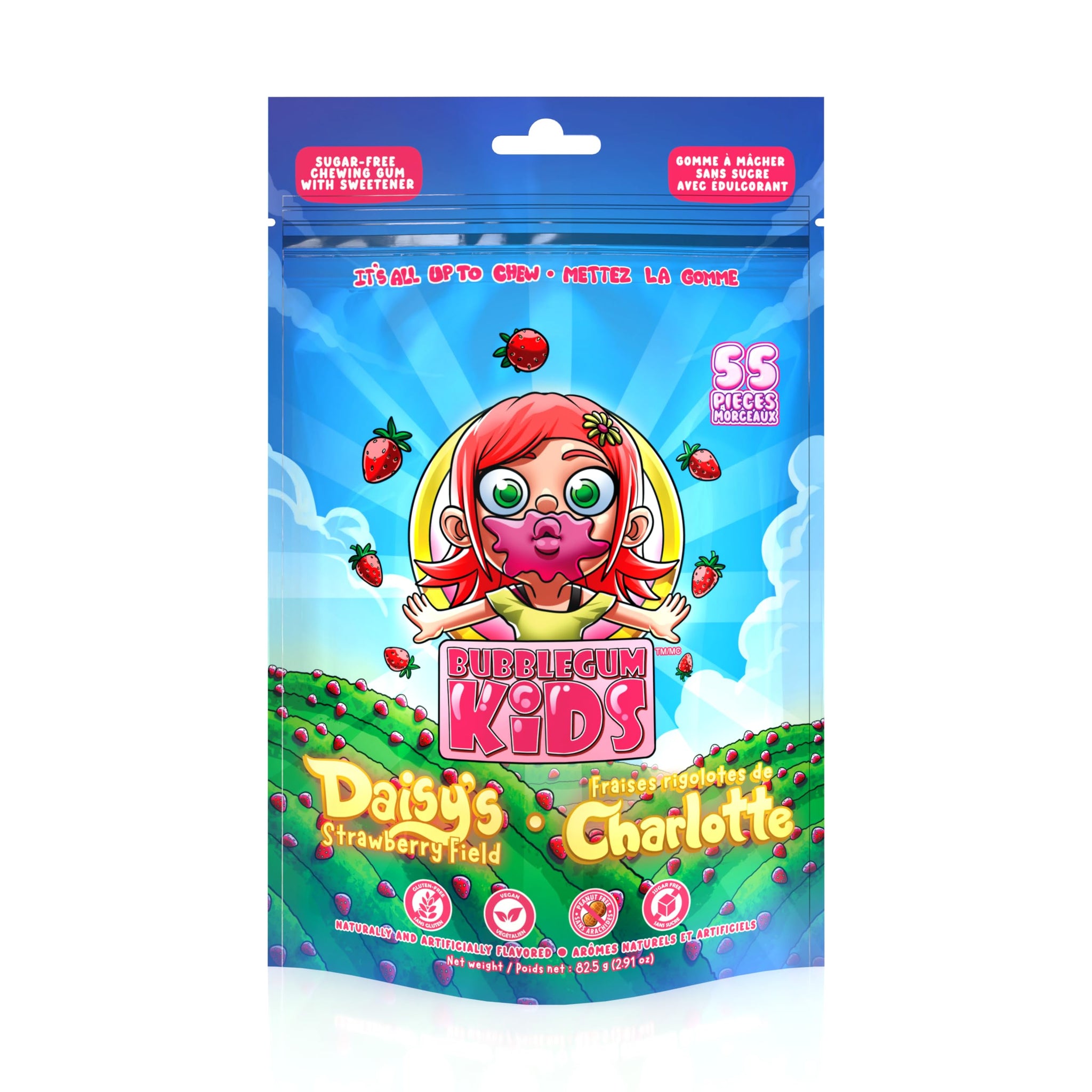 Bubblegum Kids Daisy's Strawberry Field Sugar Free Gum | Strawberry Flavor Sugarless Gum with Xylitol | Low Calorie Candy Alternative for Kids