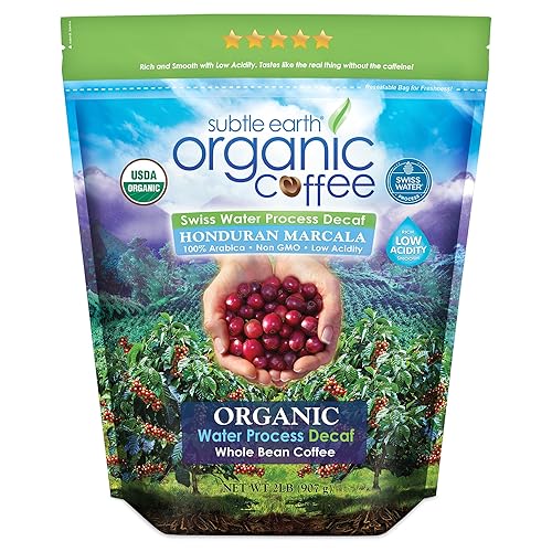 2LB Subtle Earth Organic Decaf - Swiss Water Process Decaf - Medium Dark Roast - Whole Bean Coffee - Low Acidity - Organic Certified by CCOF - 2 Pound