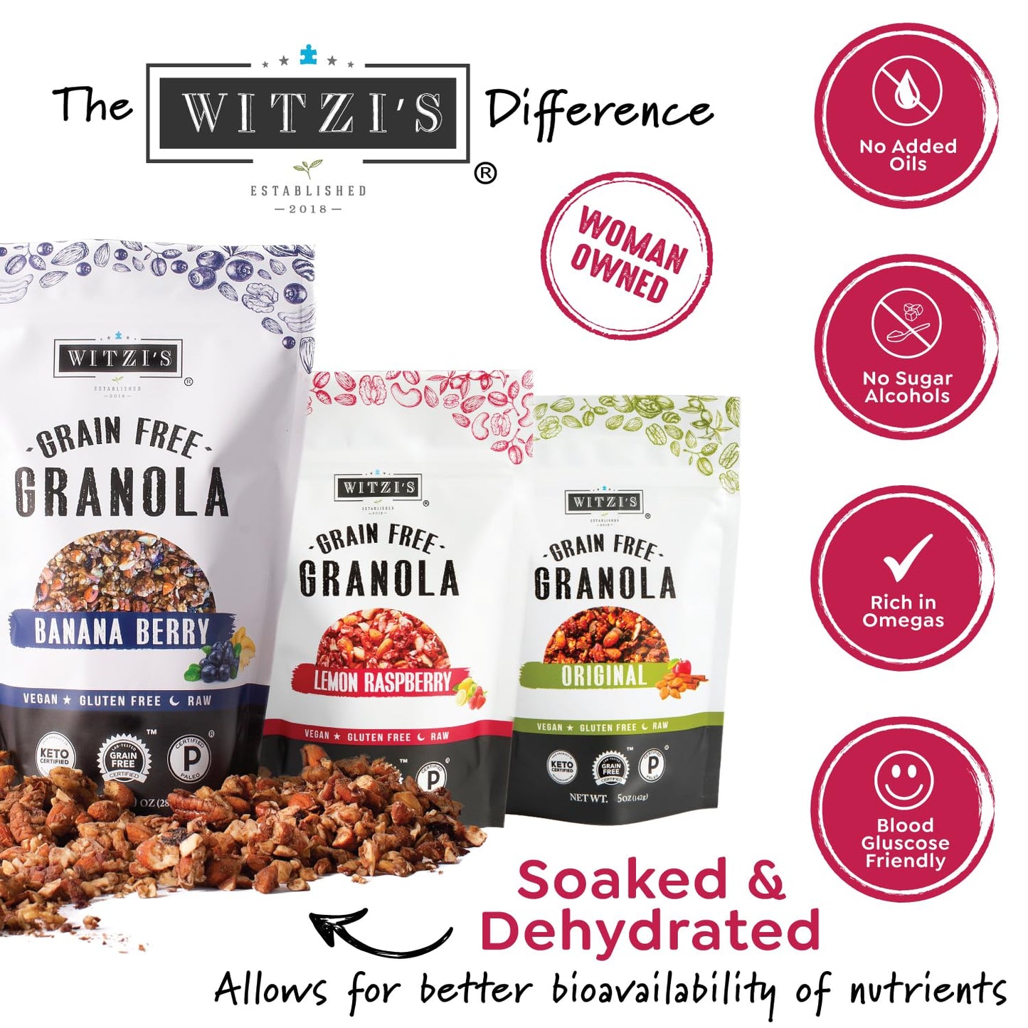 Witzi's Grain Free Granola, Variety Pack, 5oz (Pack of 3), Original, Banana Berry, Lemon Raspberry, Made with Almonds, Walnuts & Pecans, Vegan, Keto