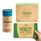 Sheets Laundry Club Bundle - 50 Pack (up to 100 loads) Fresh Linen Detergent Sheets, 40 Pack Vitality Dryer Sheets & 8 Oz. Uncharted Waters Scent
