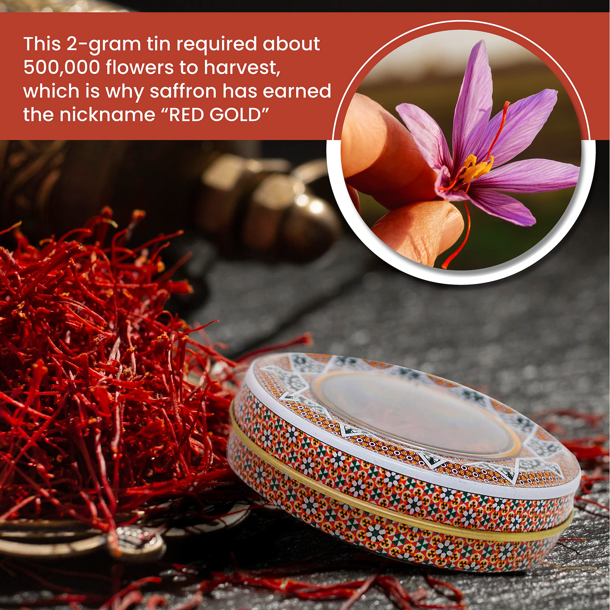 Zand Saffron Threads 2g - Premium Organic Pure Saffron Spice for Cooking Basmati Rice, and More - in Decorative Airtight Tin with Window Lid
