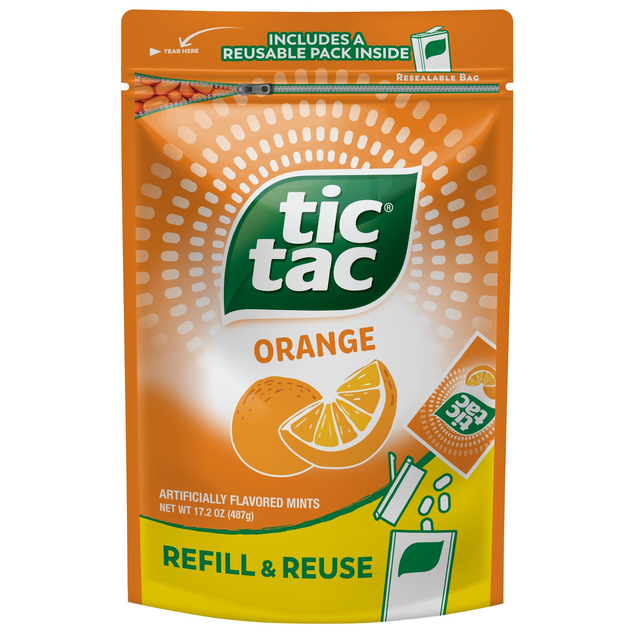 Tic Tac Bulk Orange Refill Bag, On-the-Go Pocket-Sized Mints, Includes Empty Refillable Pack, 17.2 oz