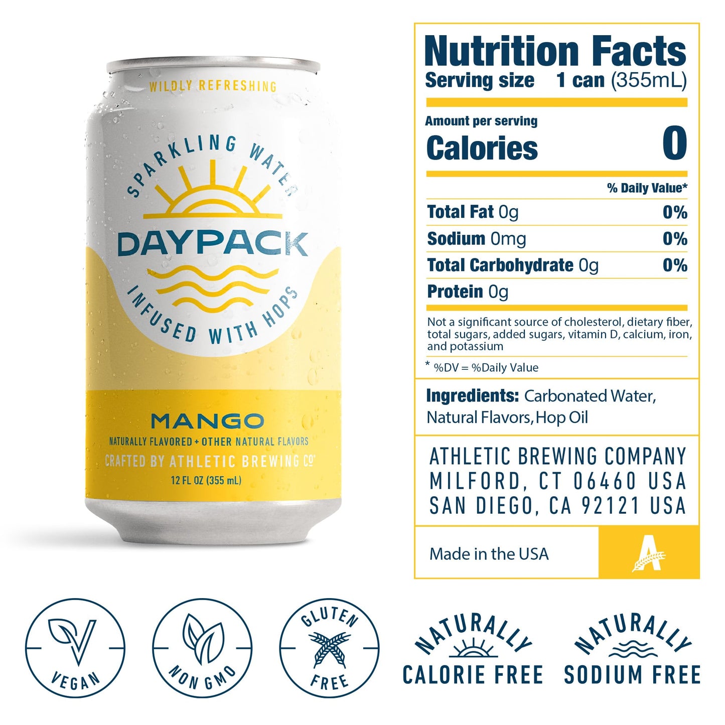 Athletic Brewing Company Daypack Sparkling Water Infused With Hops, Gluten Free & Vegan Soda Water, Zero Calorie, Natural Flavors, Mango, 12 Pack, 12