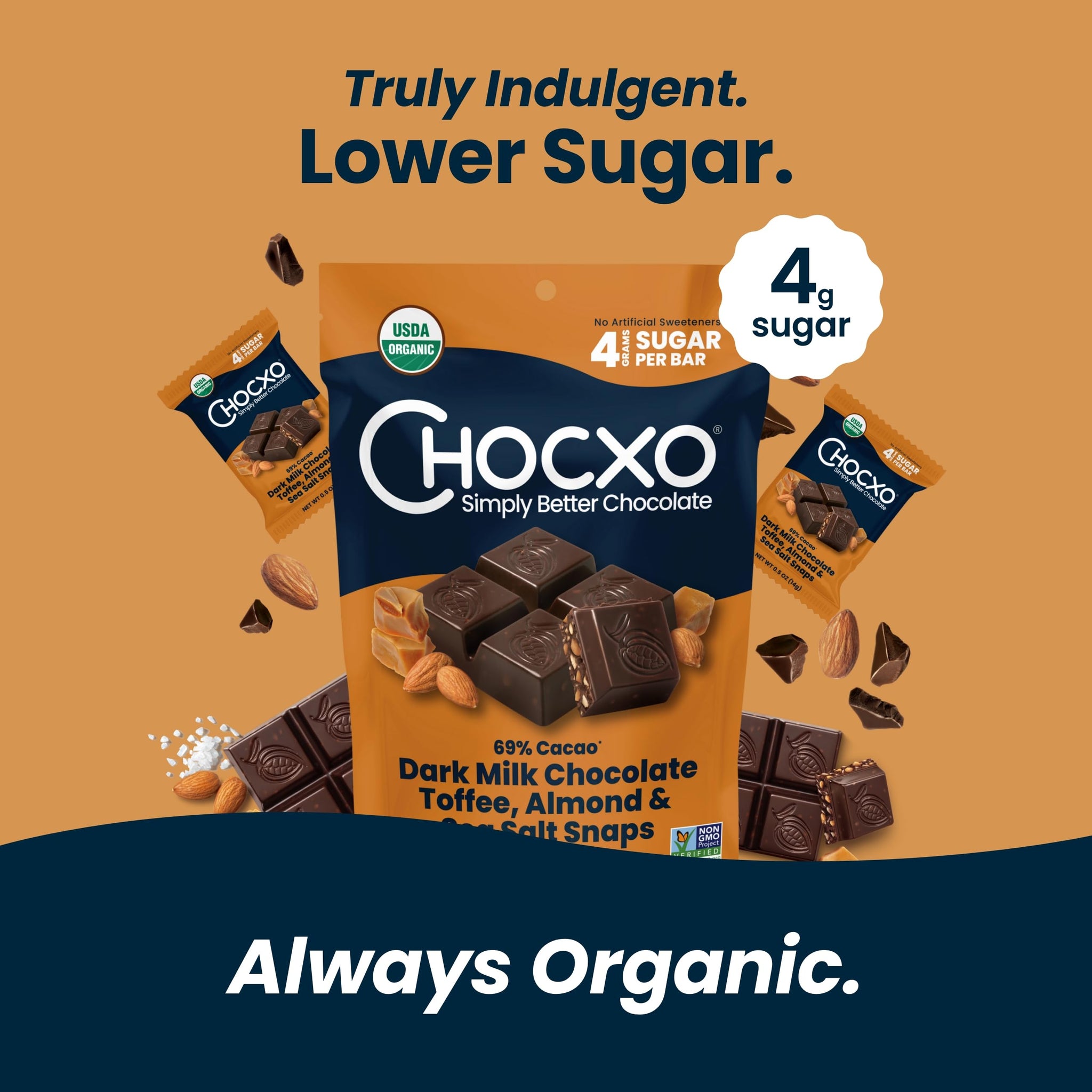 Chocxo Dark Milk Chocolate Toffee, Almond & Sea Salt Snaps - Low in Real Sugar, Organic, Non-GMO, Gluten Free & Kosher, No Artificial Sweeteners or