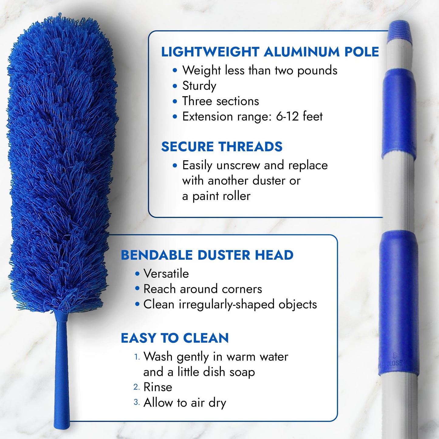 Blue Extension Rod Ceiling Duster with 18-20 feet Reach 3-Stage Aluminum Telescoping Pole - Cathedral, Cobweb, Microfiber, Ceilings Fan Duster