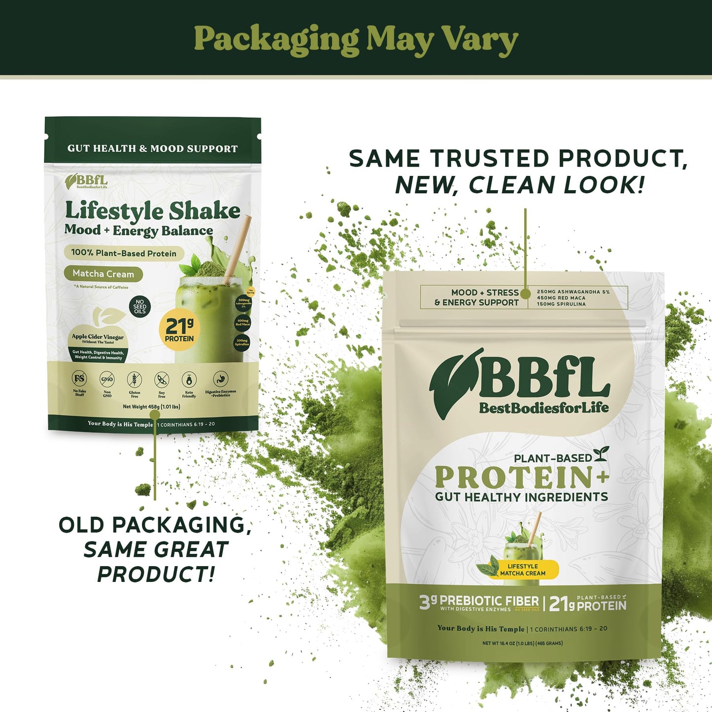 BBfL Plant-Based Protein Shake - 21g Vegan Protein, Matcha + Apple Cider Vinegar, Prebiotics, Digestive Enzymes, Adaptogens for Stress & Mood Support