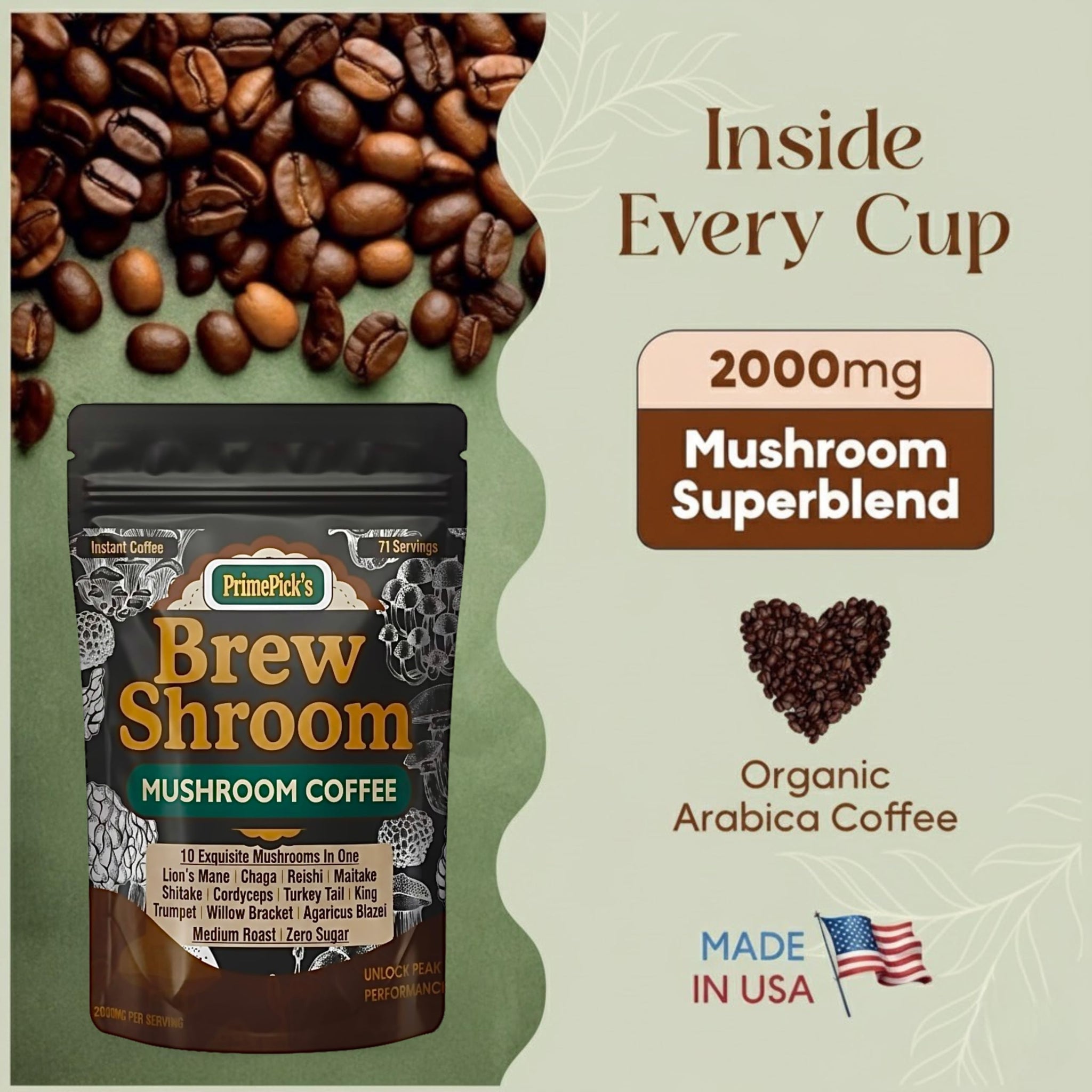 PrimePick's Brewshroom 10 in 1 Mushroom Coffee with 2000mg Adaptogenic Mushrooms, Instant, Arabica Medium Roast, Gluten-Free, Jitter-Free, No Added