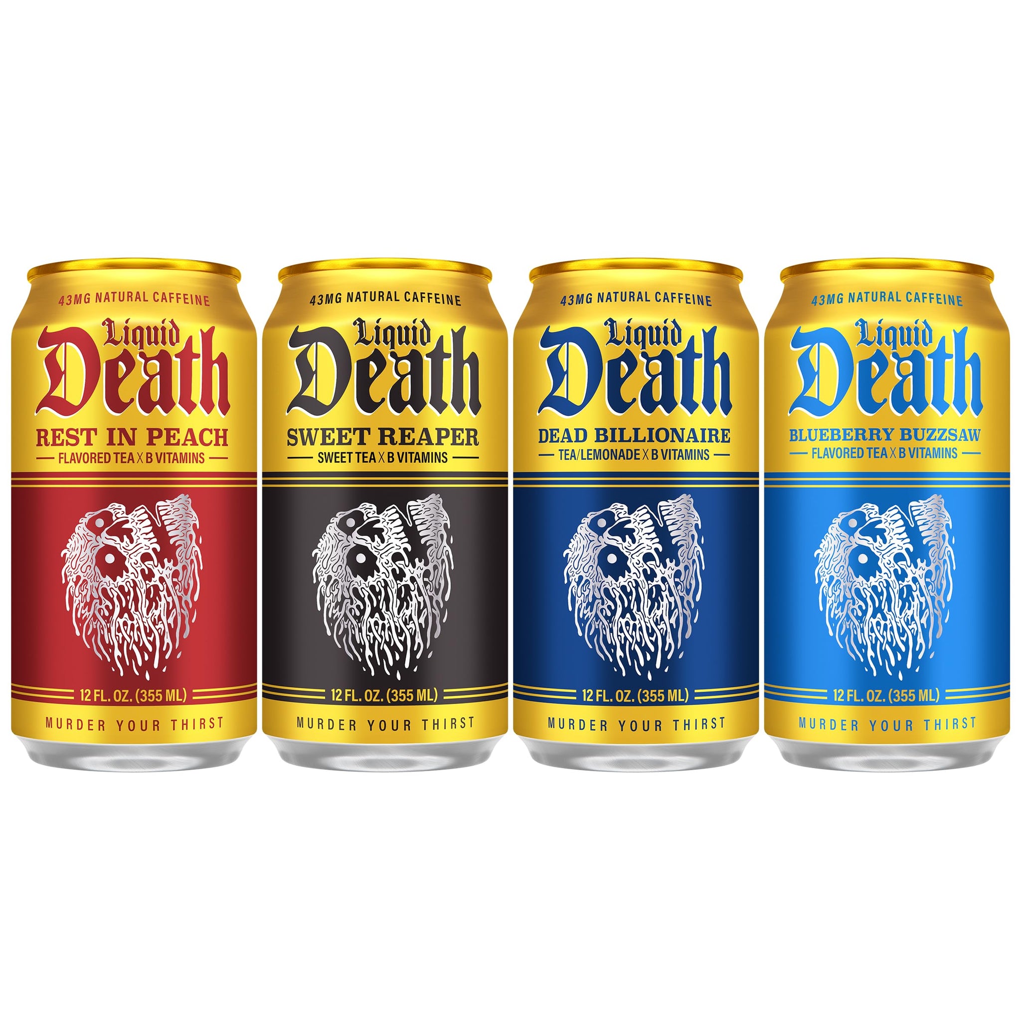 Liquid Death Iced Tea - O.G. Variety, Less Sugar*, Boost of Caffeine, B Vitamins, No Artificial Sweeteners, 4 Flavors: Tea/Lemonade, Rest in Peach