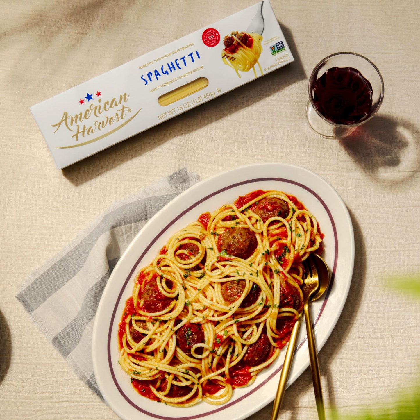AMERICAN HARVEST, Spaghetti Pasta, Enriched with Vitamins, 16 oz (20 Pack) | Made in America, Non-GMO Semolina, Classic Al Dente Texture | 100 Years