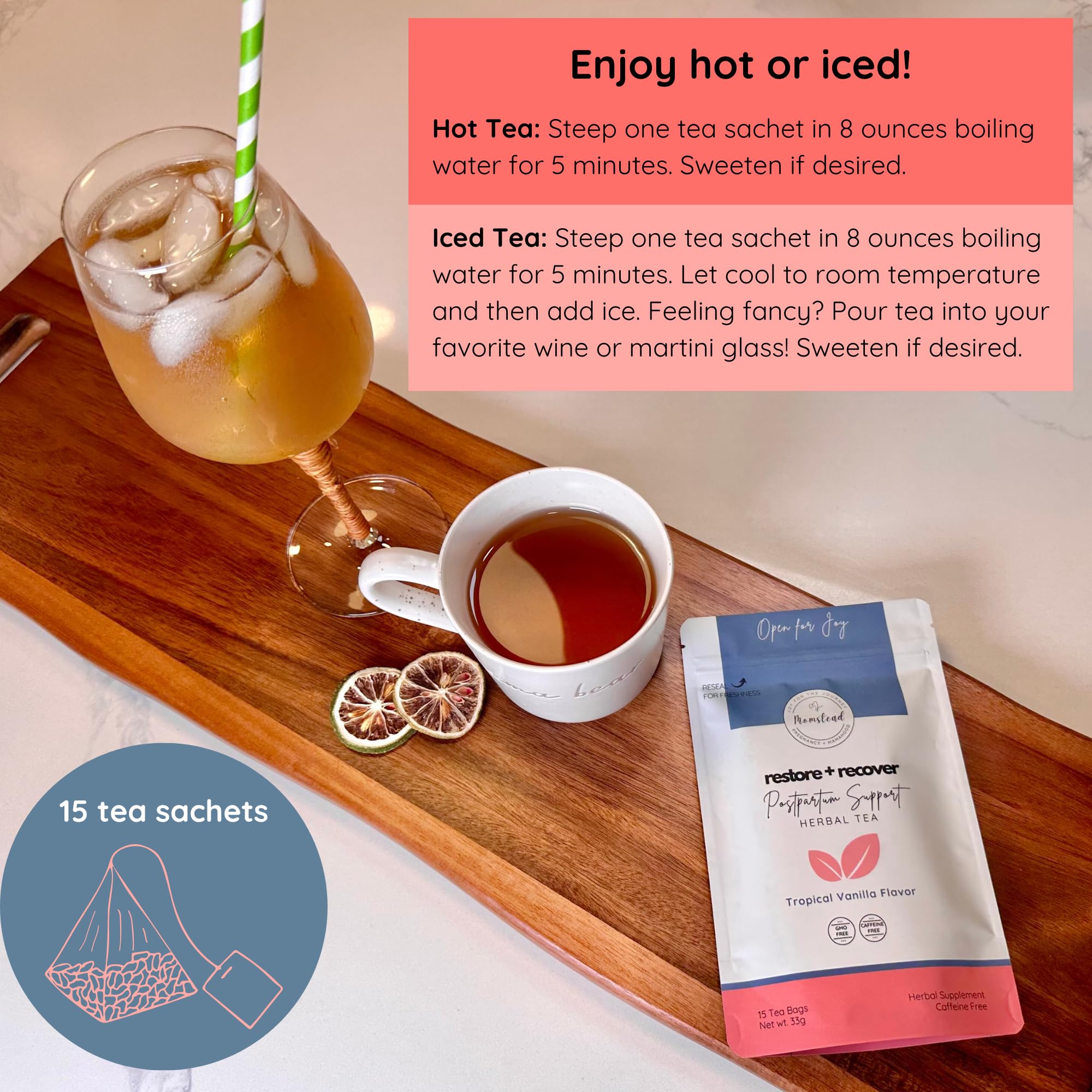 Momstead Restore and Recover Postpartum Support Herbal Tea | Tropical Vanilla Flavor | Nursing Friendly | Postpartum Recovery