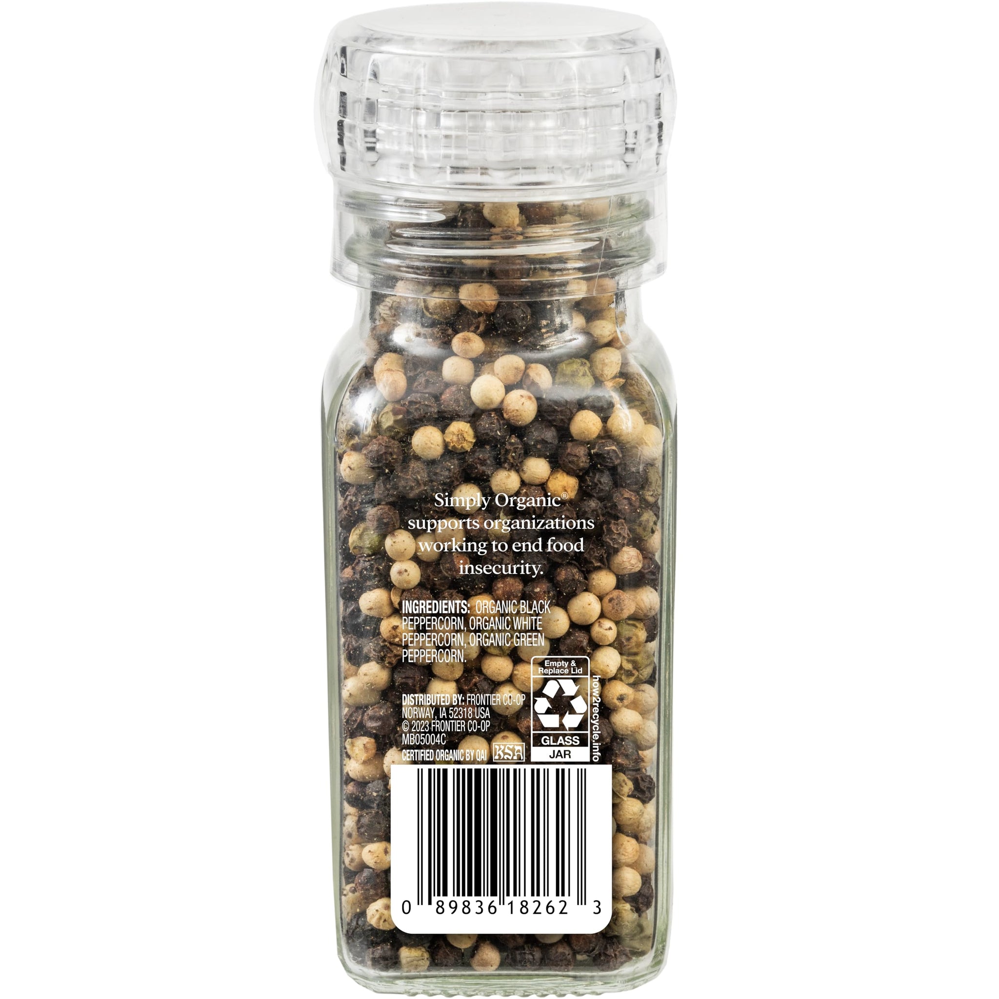 Simply Organic Whole Pepper Grinder, 3 Ounce Bottle, Blend of Black, White and Green Peppercorn for Complex Flavor