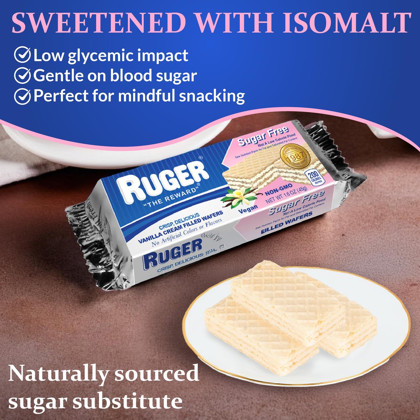RUGER Sugar-Free Vanilla Wafers 1.6 Ounce (Pack of 12) - Delightfully Crisp & Creamy Treats - Natural Ingredients, Non-GMO, Vegan, No Artificial