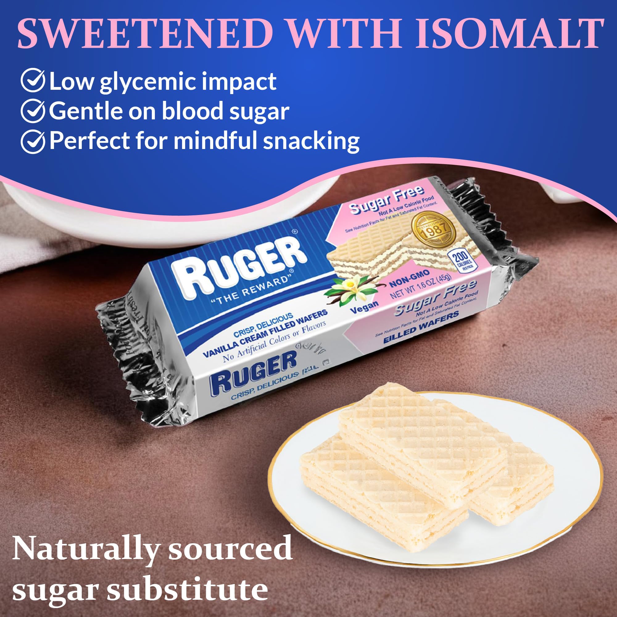 RUGER Sugar-Free Vanilla Wafers 1.6 Ounce (Pack of 12) - Delightfully Crisp & Creamy Treats - Natural Ingredients, Non-GMO, Vegan, No Artificial