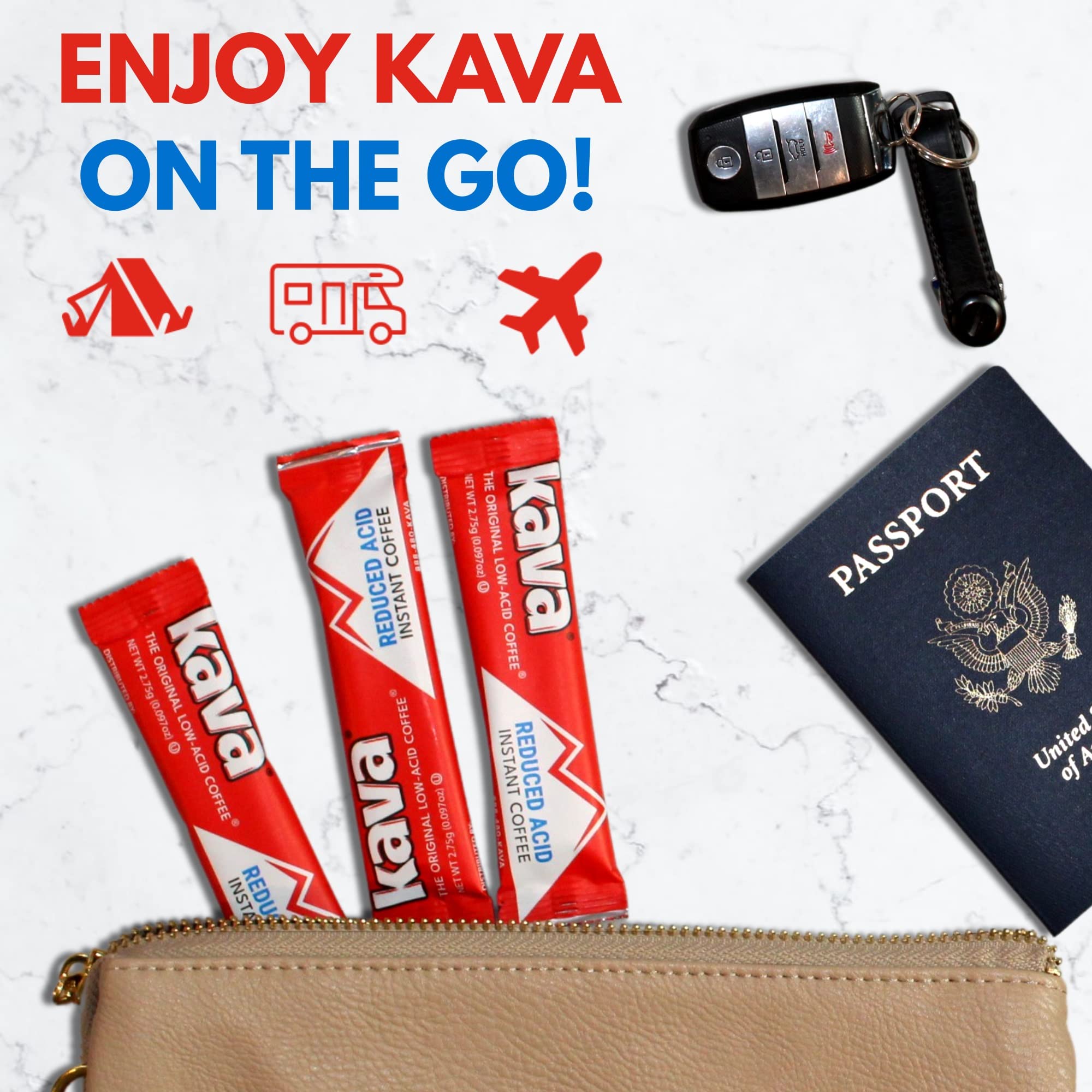 Kava Low Acid Instant Coffee Gift Set, 4 Ounce Glass Jar & 20 Single Serve Stick Packets for On-The-Go & Travel