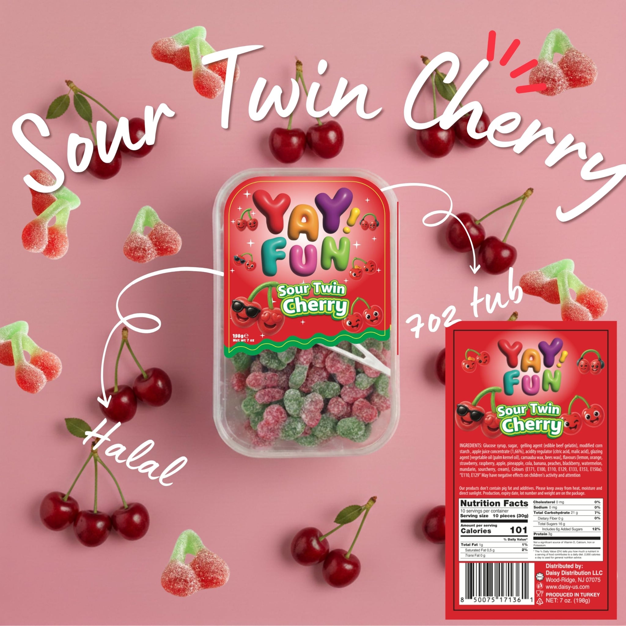 Halal Sour Twin Cherry Gummy Candy | 6 Pack Bundle (6x7 oz Tubs) | Chewy Sugar-Coated Cherry Gummies | Resealable Tubs in Bulk with Display Box |