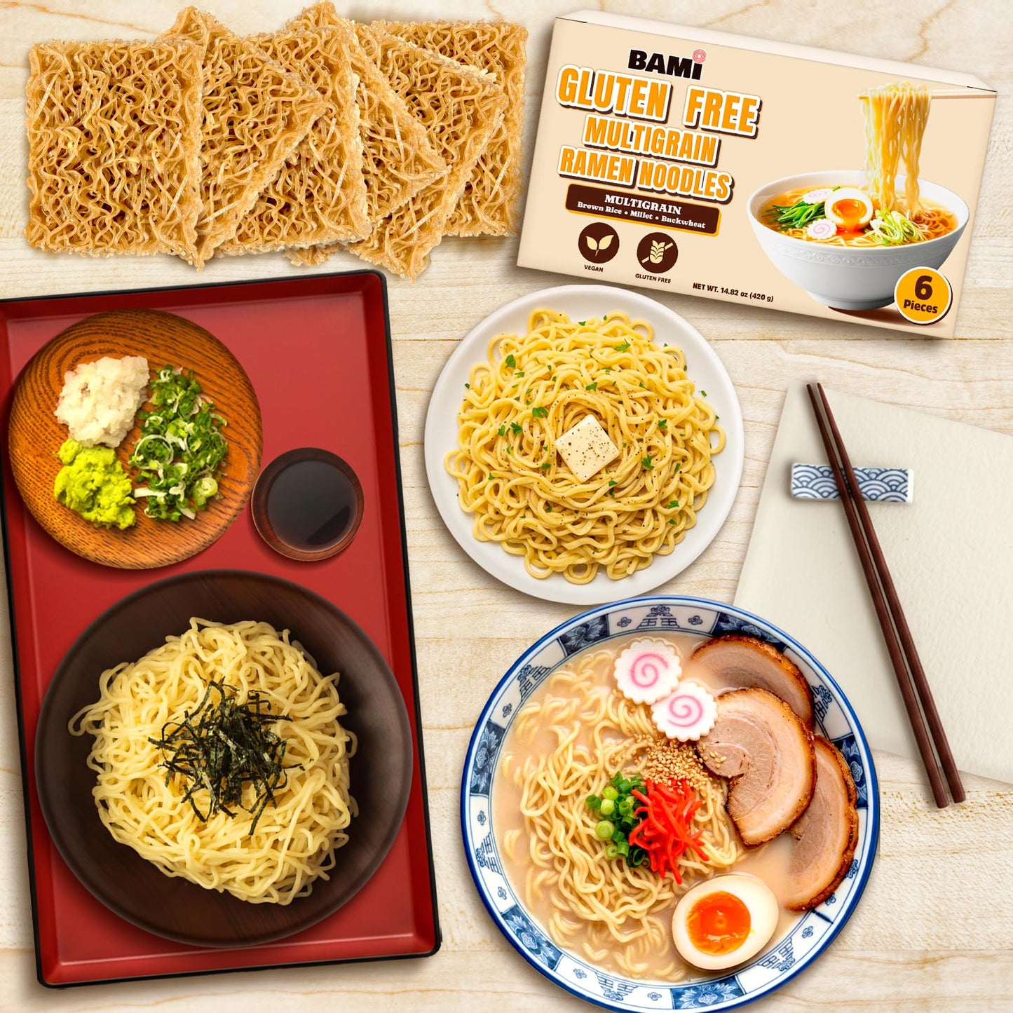 Gluten Free Ramen Noodles Multigrain (6 packs) Millet And Brown Rice Ramen Noodles Plain, Gf Ramen, Low Sodium, Vegan, Healthy Buckwheat Noodles No