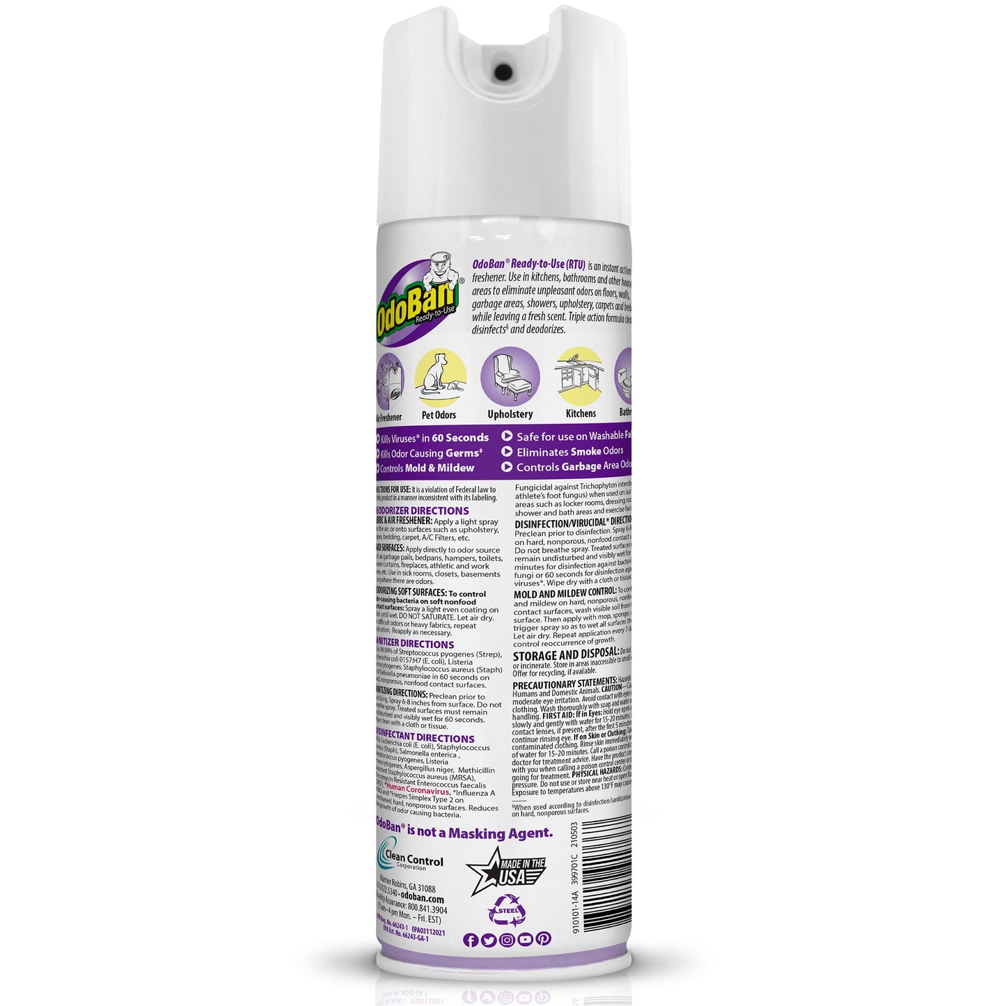 OdoBan Ready-to-Use 360-Degree Continuous Spray Disinfectant and Harsh Aroma Eliminator, Fabric and Air Freshener, 2 Pack, 14.6 Ounces Each, Lavender