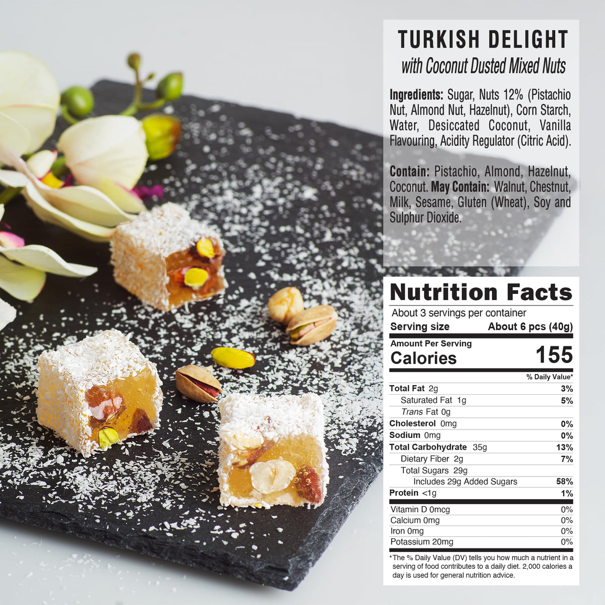 HazerBaba Coconut Dusted Turkish Delight Candy with Nuts, 8.8oz(Pack of 1)