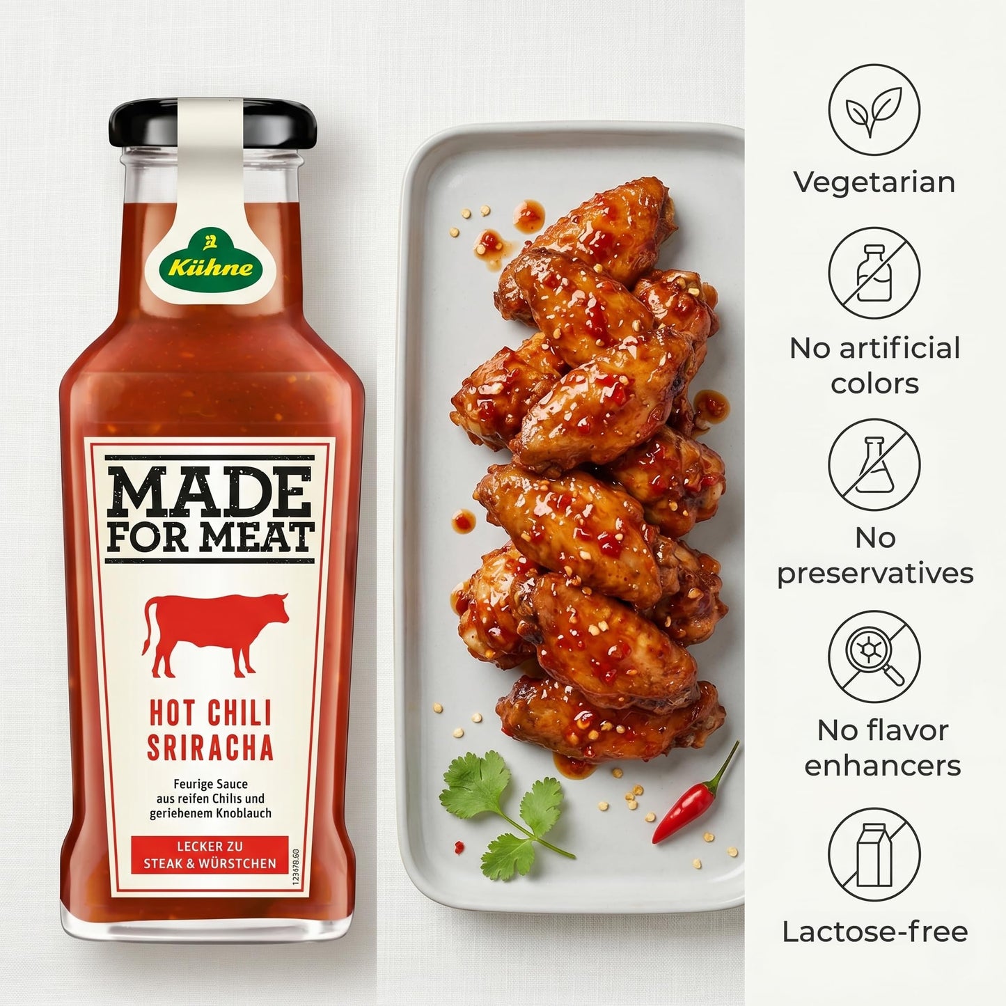 Kuhne Hot Chili Sriracha, 8oz Bottle, Hot Sauce with Jalapeno Chillies and Garlic, Add a Kick to Meat, Chicken, Fish and Stir Fries
