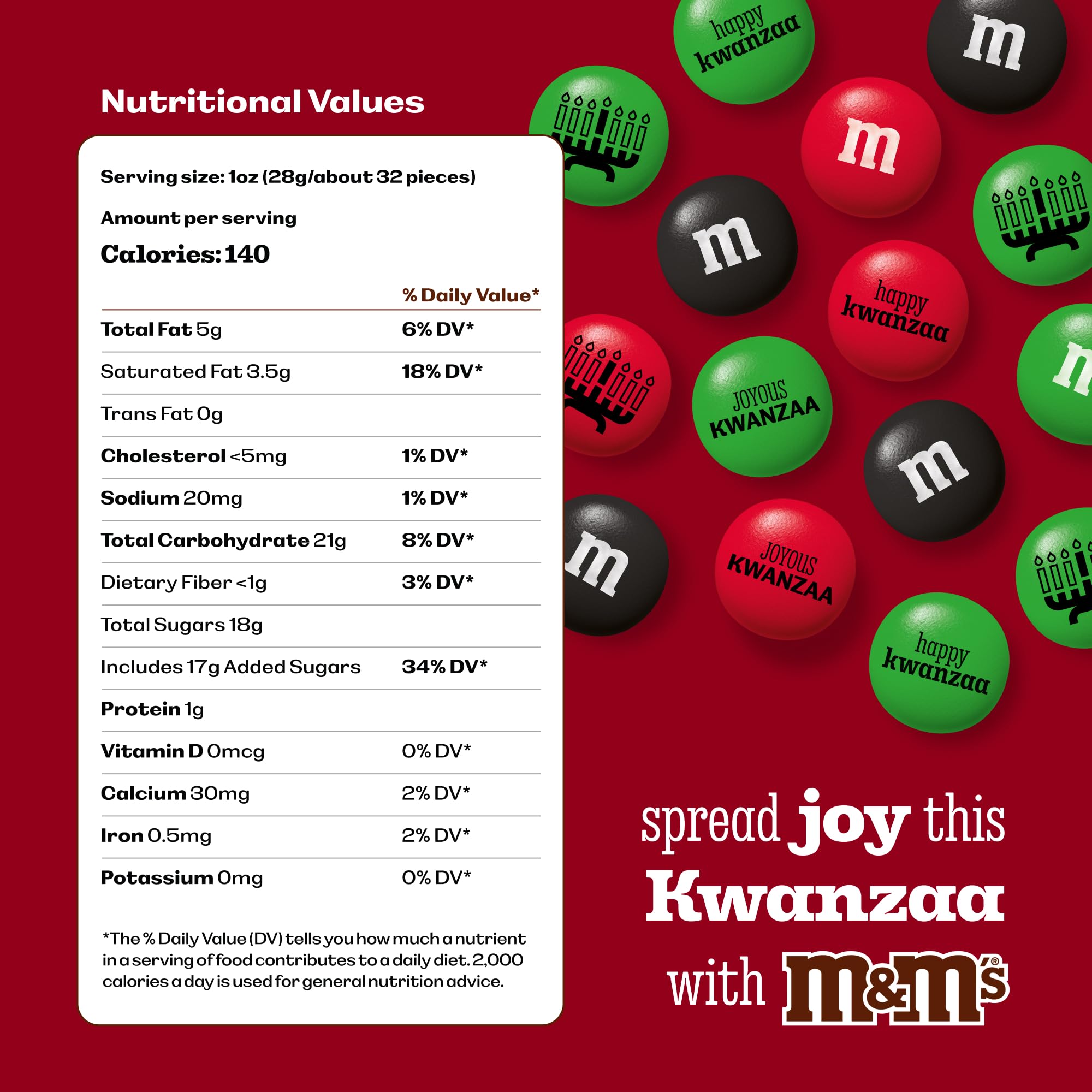 M&M’s Kwanzaa Milk Chocolate Candy, 2lb Party Size Bag of Festive Red, Black and Green Chocolate Pieces, Colorful Holiday Candy for Sharing, Party