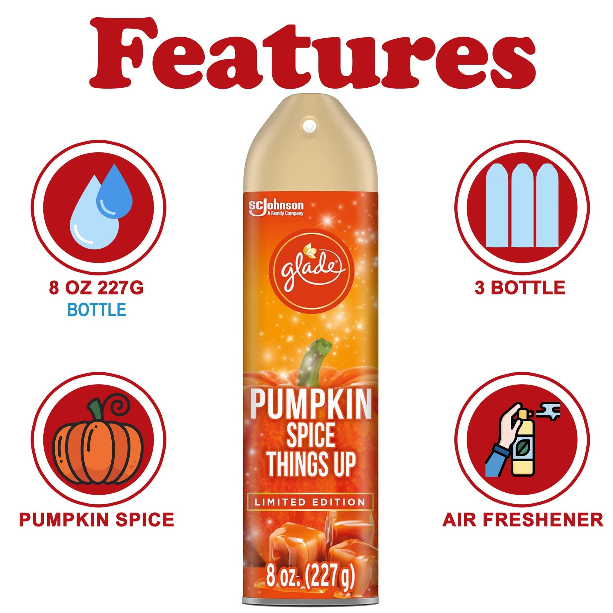 Glade Air Freshener Spray, 3 Pack, Pumpkin Spice Things Up Fall Harvest Scent, Limited Edition Holiday Collection, Pumpkin Spice Thanksgiving Scented