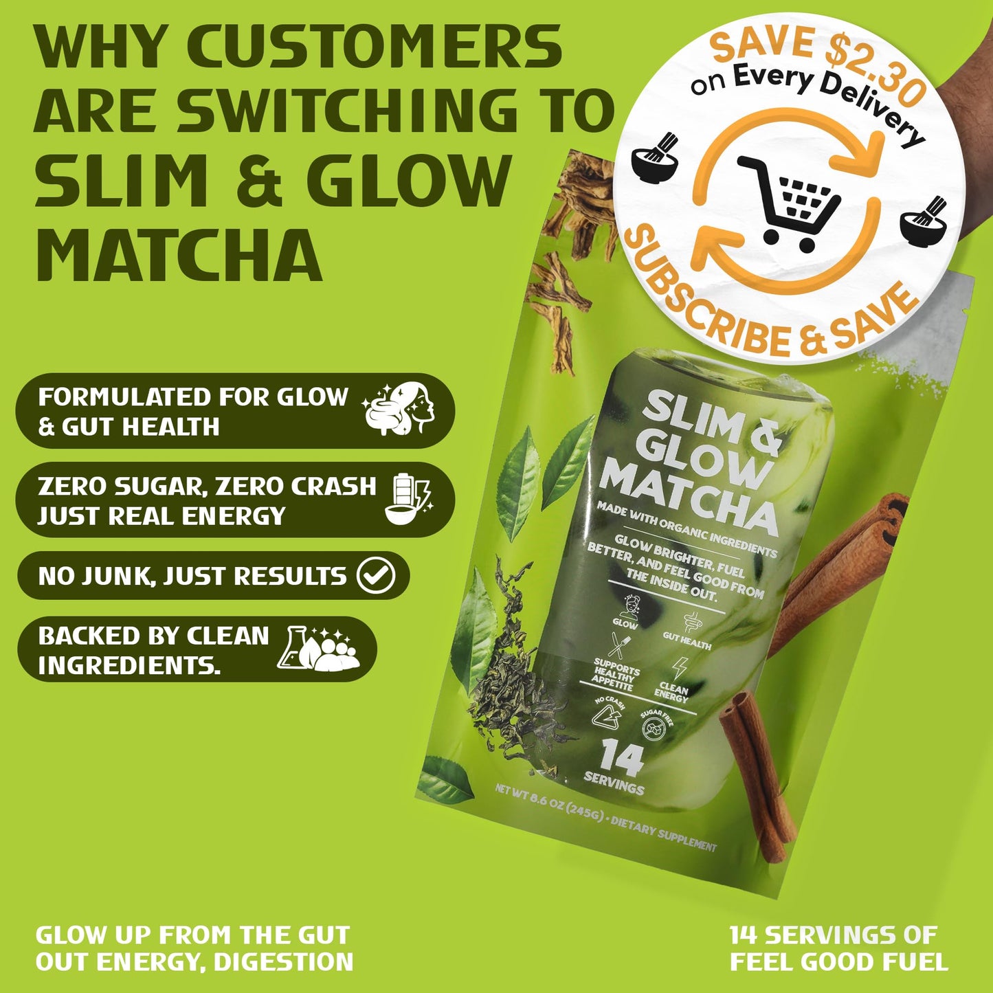 Slim & Glow Matcha Latte Powder - Collagen Peptides, Organic Matcha, Inulin Prebiotic Fiber, Green Tea Extract, Biotin - Gut Health, Craving Control