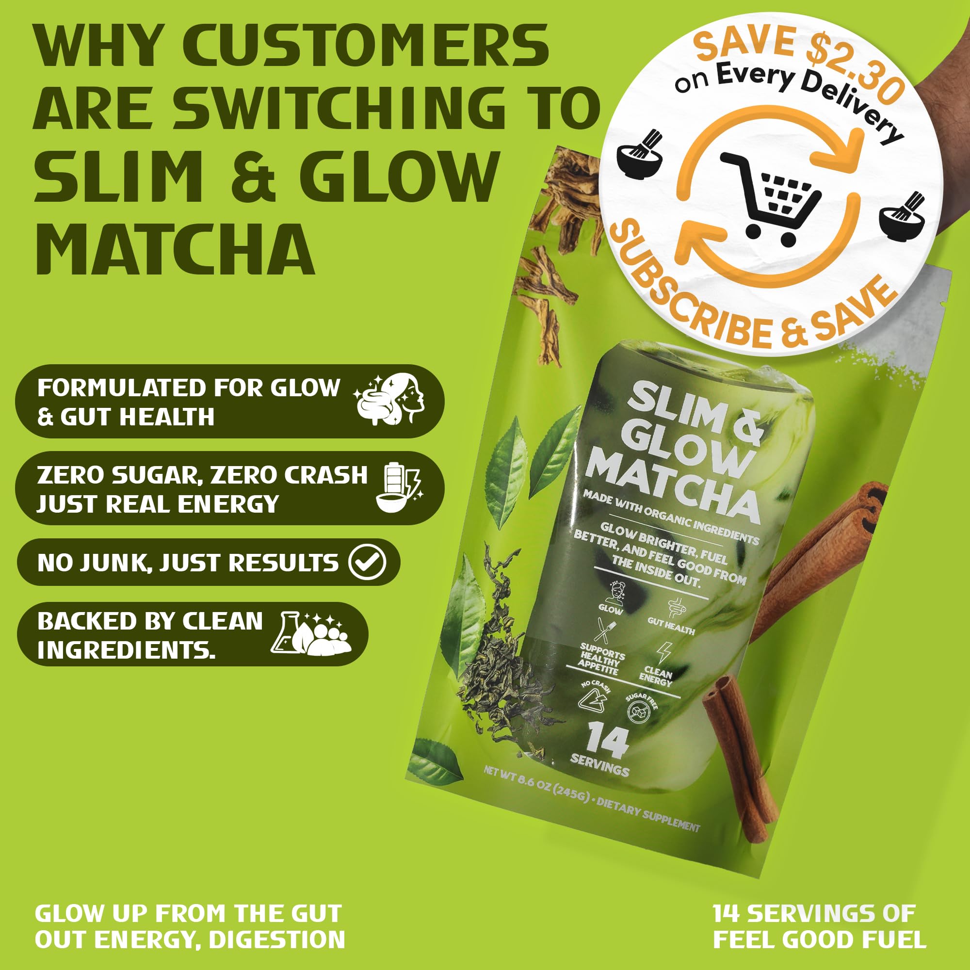 Slim & Glow Matcha Latte Powder - Collagen Peptides, Organic Matcha, Inulin Prebiotic Fiber, Green Tea Extract, Biotin - Gut Health, Craving Control