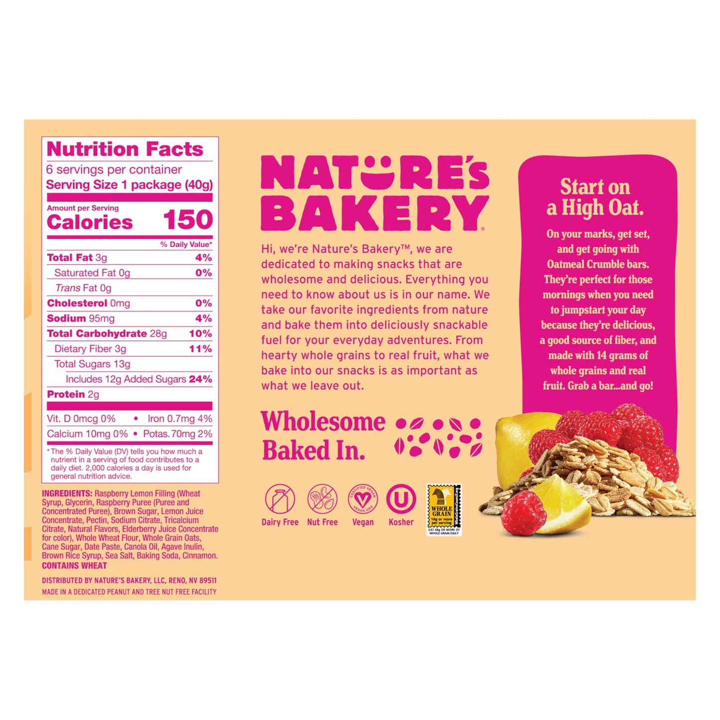 Nature's Bakery Oatmeal Crumble Bars, Raspberry Lemon, Real Fruit, Vegan, Non-GMO, Breakfast Bar, 6 boxes with 6 twin packs (36 twin packs)