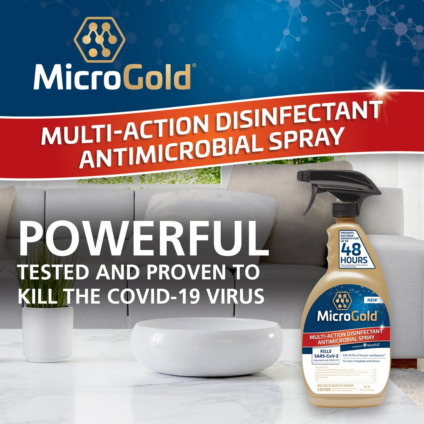 MicroGold Multi-Action Disinfectant Antimicrobial Spray Tested and Proven Effective to Kill the COVID-19 Virus, Kills 99.9% of Viruses and Bacteria