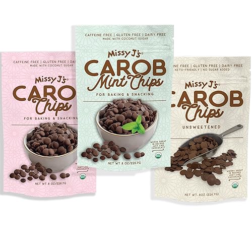 Missy J's Carob Chips Sampler pack-3 flavors, Vegan, Gluten and Caffeine Free Healthy Substitute for Chocolate, Perfect for Snacks and Treats