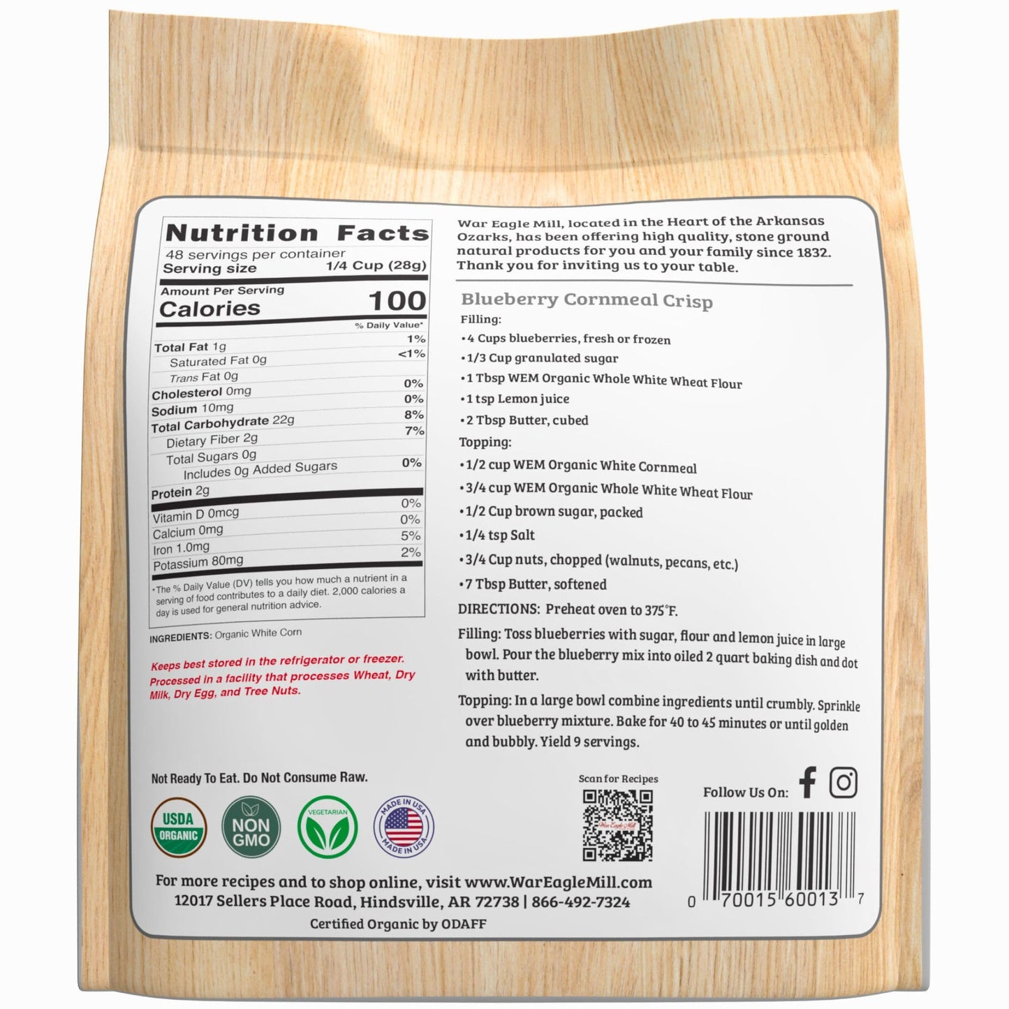 War Eagle Mill Organic White Cornmeal, 48 oz Bag (2 Pack)