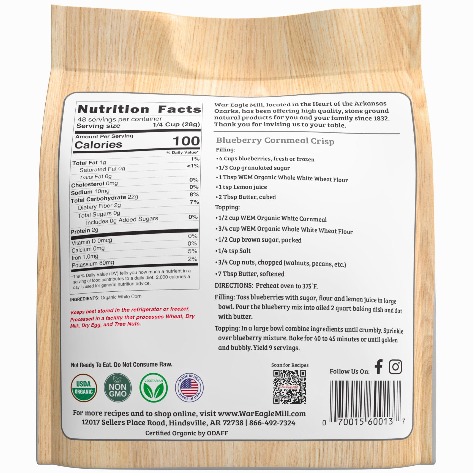 War Eagle Mill Organic White Cornmeal, 48 oz Bag (2 Pack)