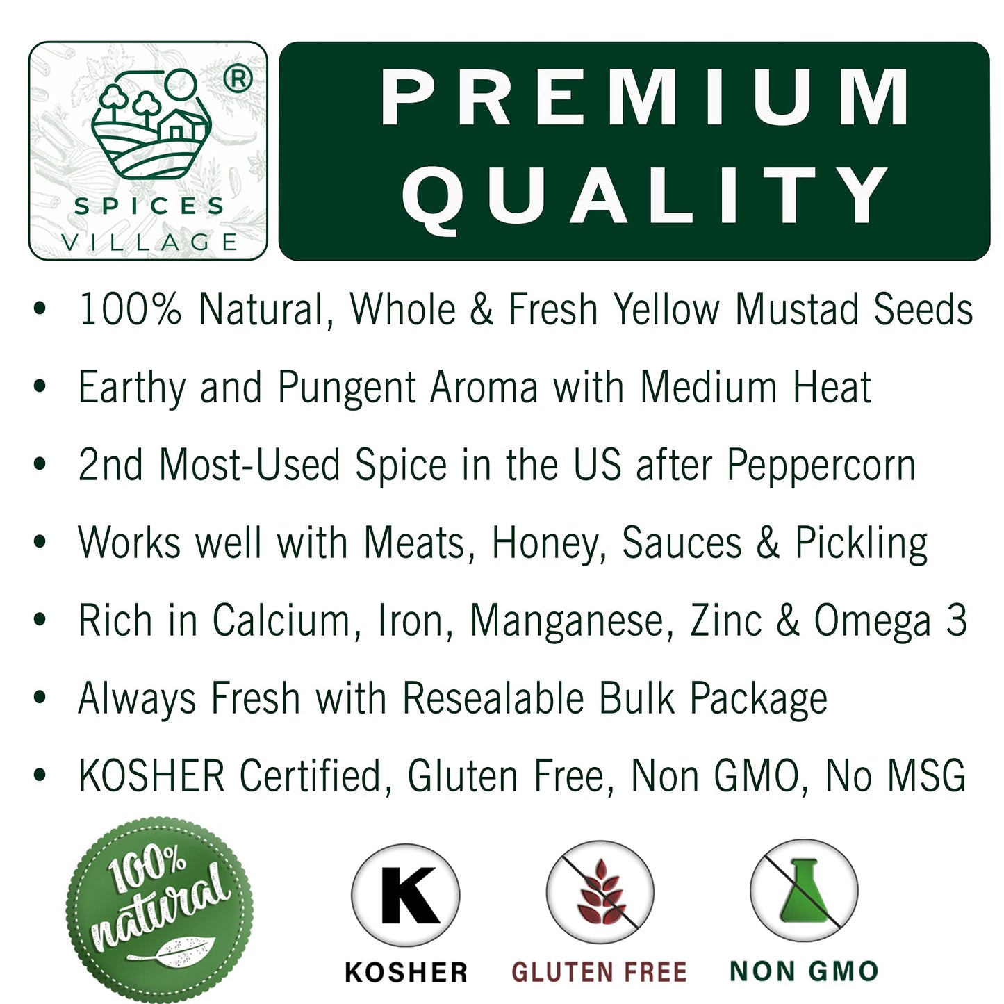 Spices Village Yellow Mustard Seeds, Whole Mustard Seeds for Pickling, All Natural & Dry Mustard Seasoning, 8 Ounces, Great for Culinary - Kosher
