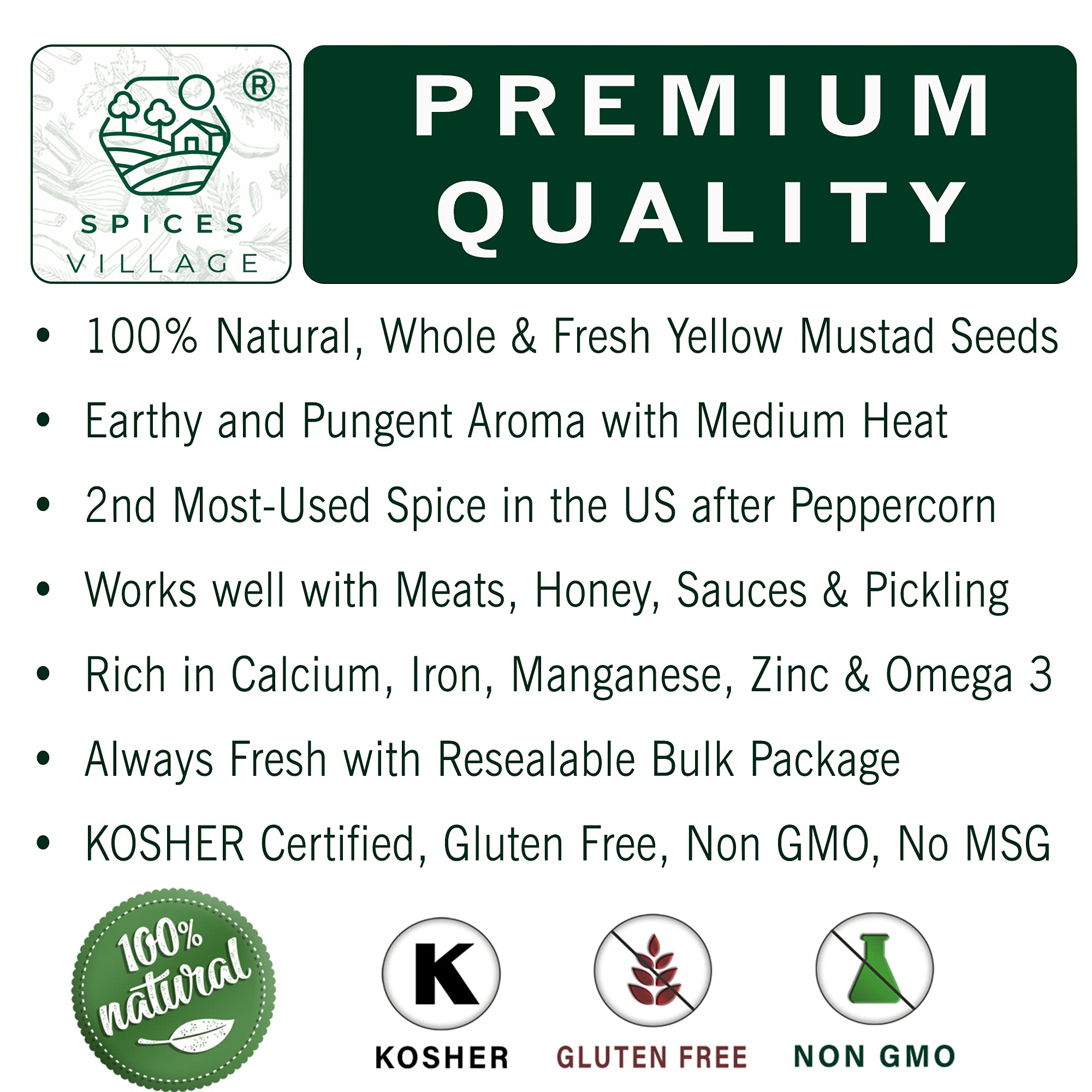 Spices Village Yellow Mustard Seeds, Whole Mustard Seeds for Pickling, All Natural & Dry Mustard Seasoning, 8 Ounces, Great for Culinary - Kosher