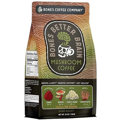 Bones Coffee Company Better Brain Mushroom Coffee Dark Roast Low Acid Arabica Coffee with Mushroom Blend for Energy, Focus, Digestion and Immunity