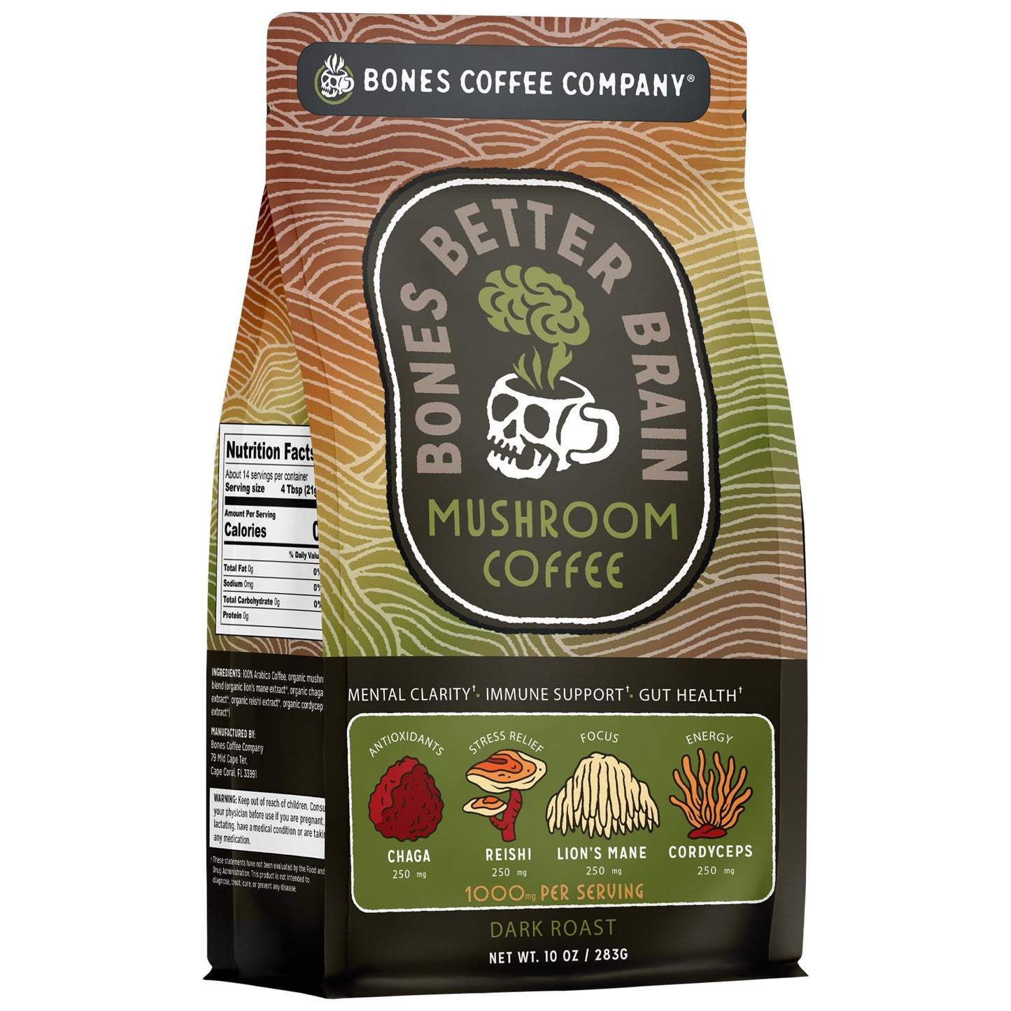 Bones Coffee Company Better Brain Mushroom Coffee Dark Roast Low Acid Arabica Coffee with Mushroom Blend for Energy, Focus, Digestion and Immunity