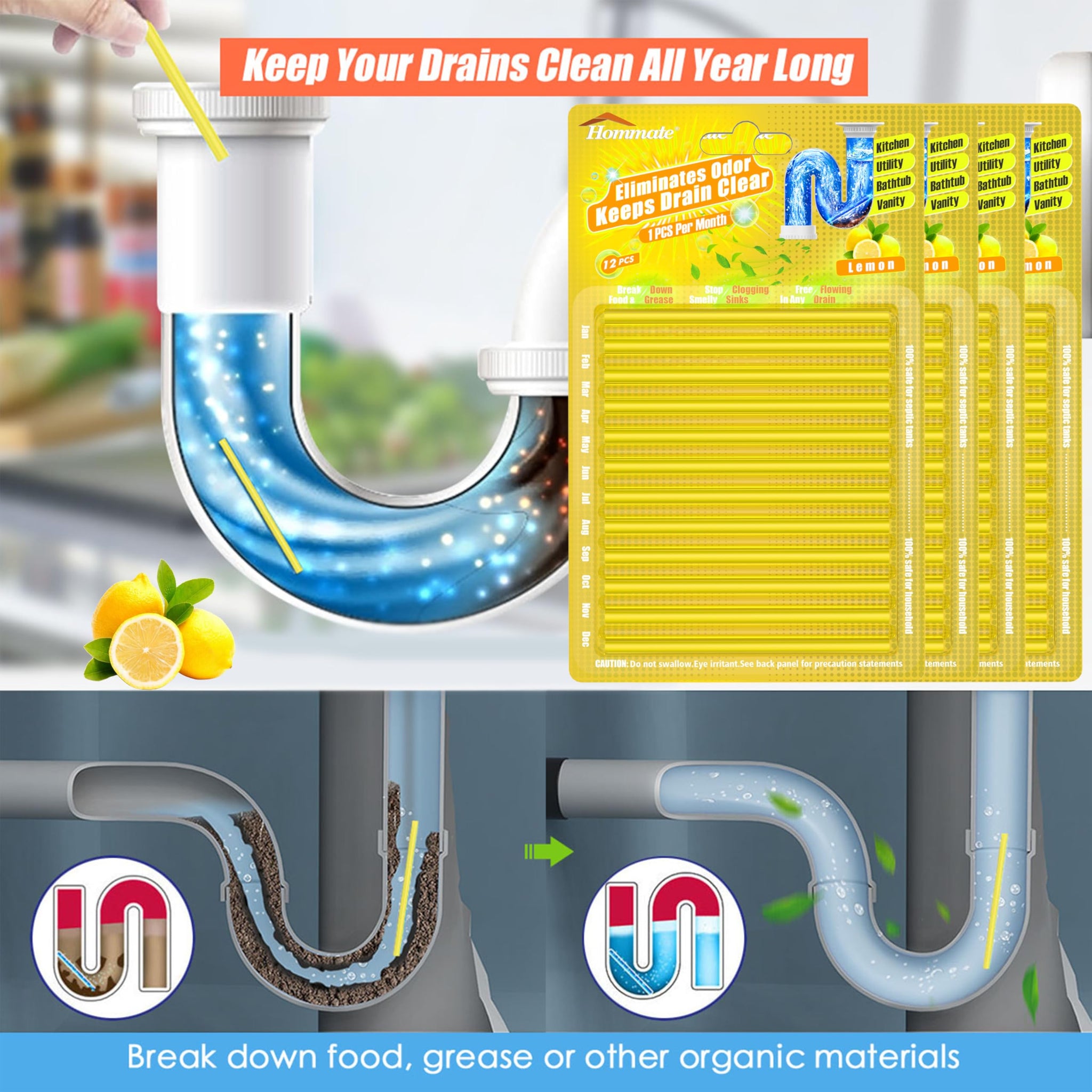 Drain Cleaner Sticks Enzyme Drain Stick Lemon Scent Pipe Cleaning Drains Stix Odor Remover Prevent Clogged Drains