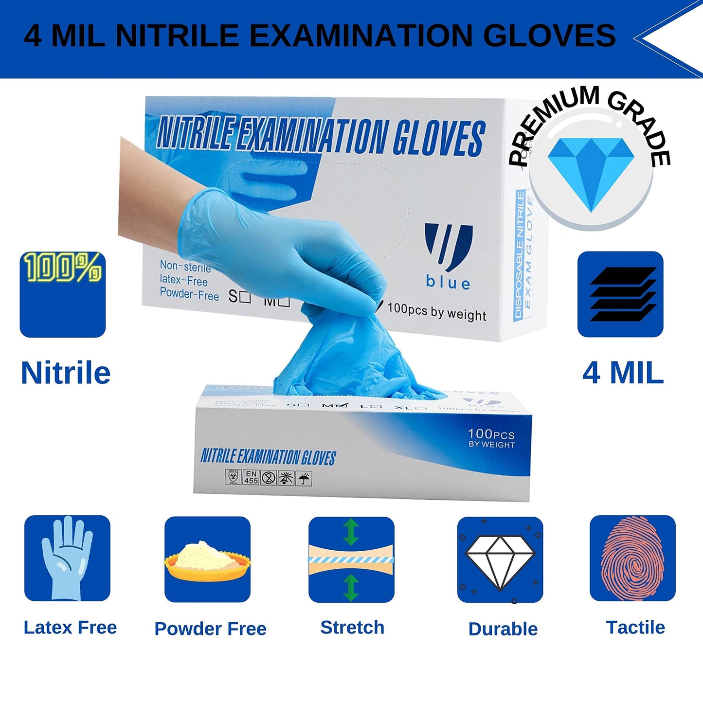 UBLUE 100 Nitrile Gloves, Disposable Gloves 4 MIL, Medical Examination, Non-Sterile, Powder Free, Latex Free Box of 100 Small, UW8284, Small 4mil
