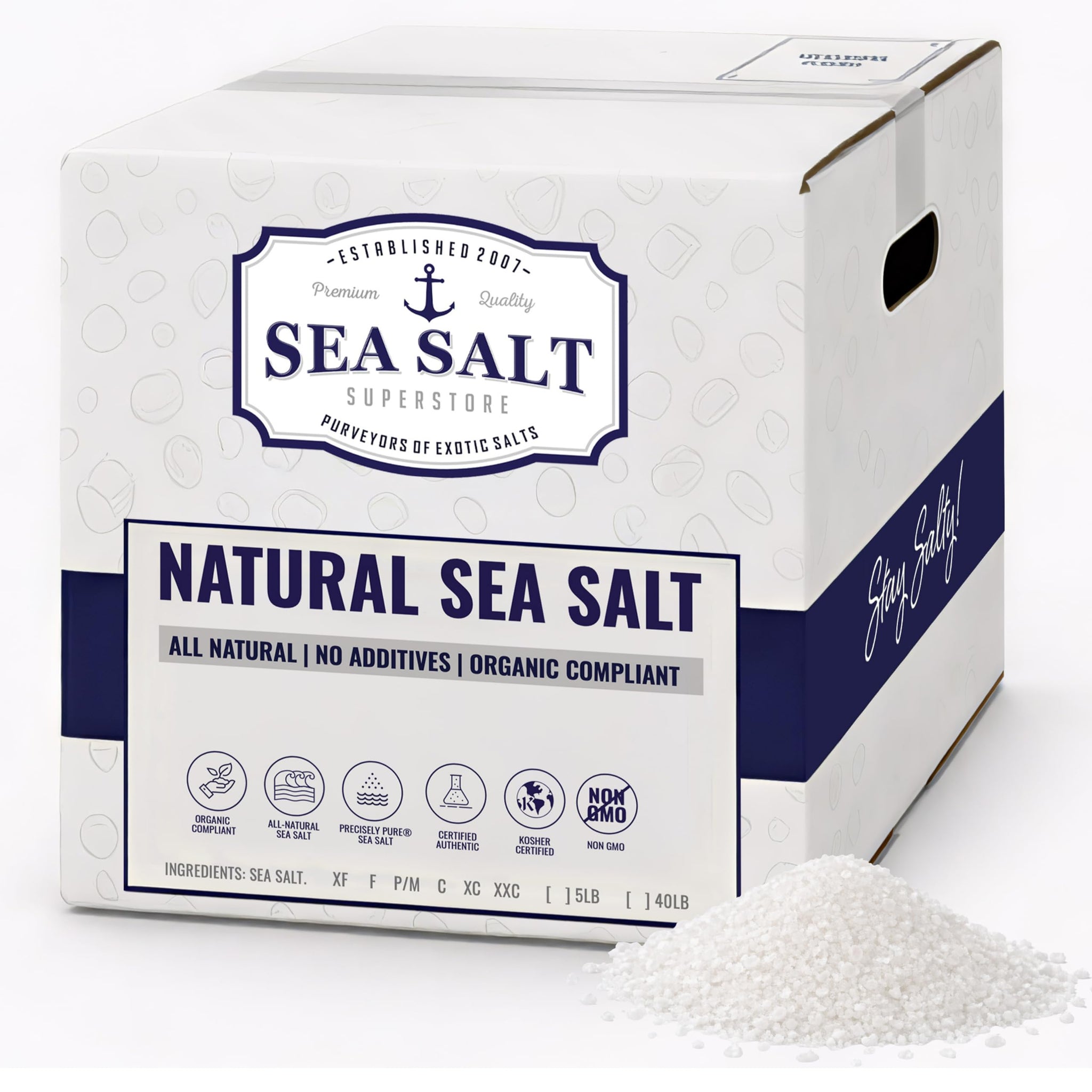 Natural Sea Salt Coarse Grain, Gluten-Free Bulk Sea Salt for Commercial Use with No Artificial Additives, 40 Pounds